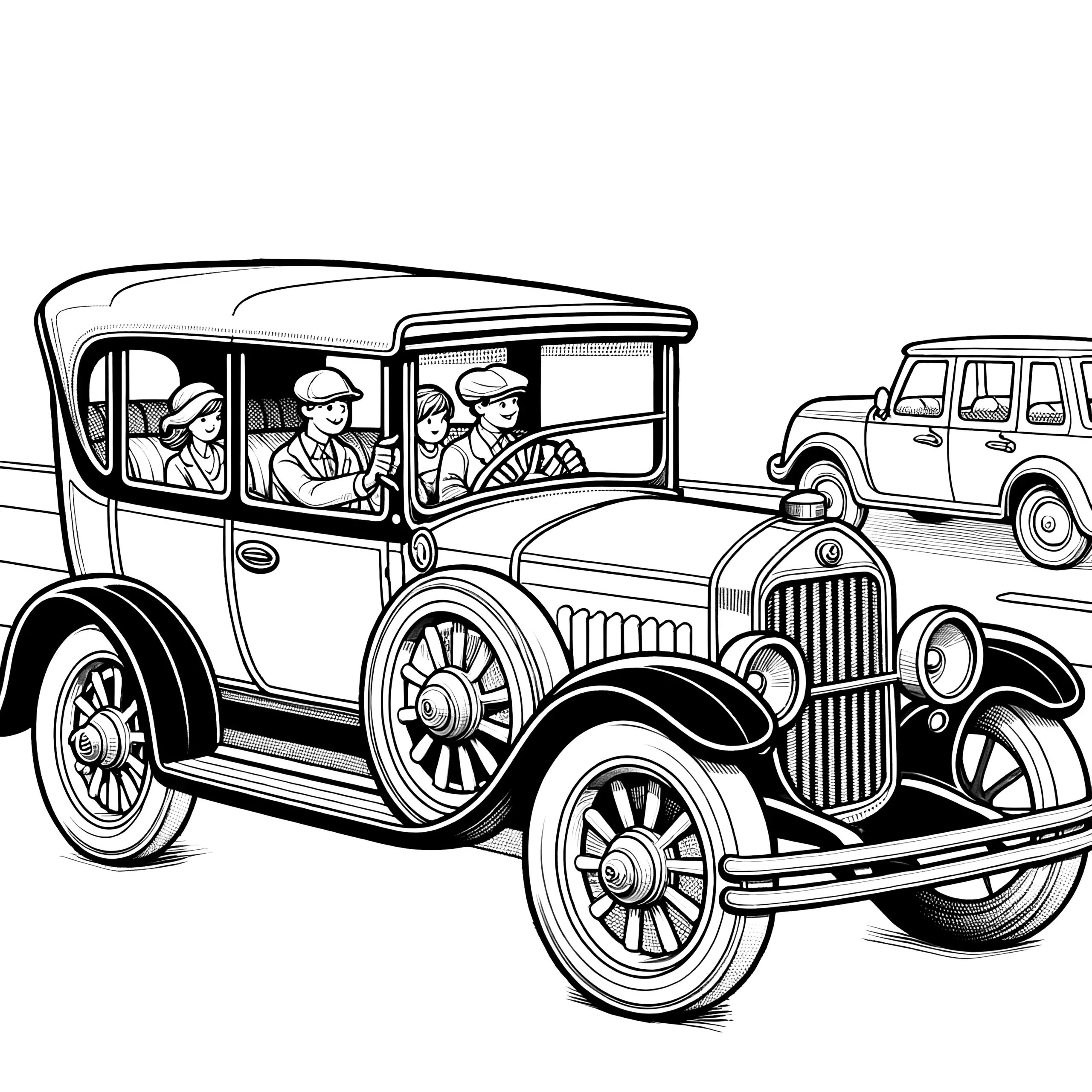 Oldtimer mit Familie: Malvorlage zum Download (Kostenlos) (Ausmalbild)