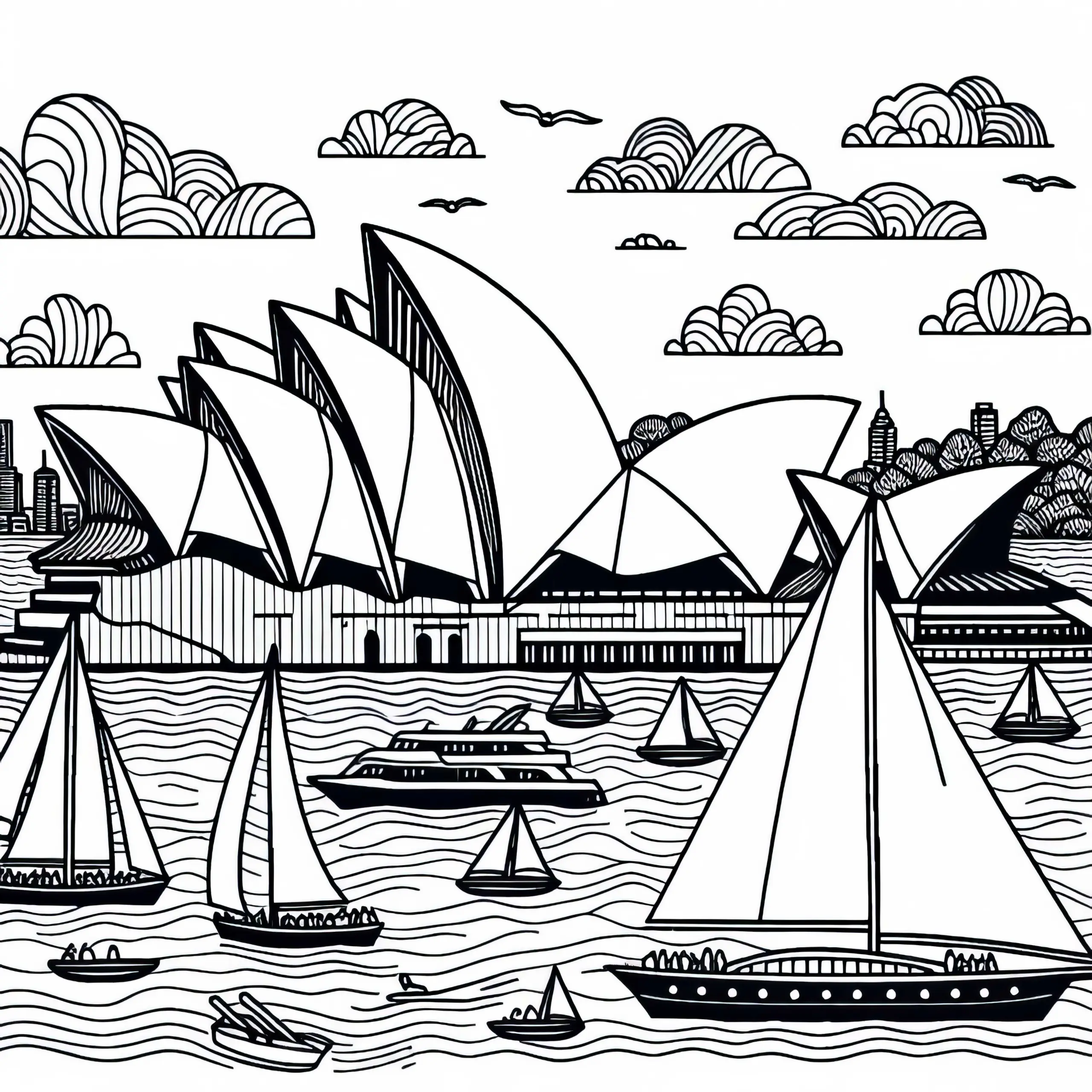 Opernhaus von Sydney mit Segelbooten – Ausmalbild für Australien und Ozeanien