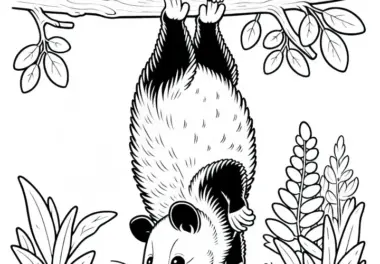 Opossum hängt kopfüber am Ast – Malvorlage kostenlos