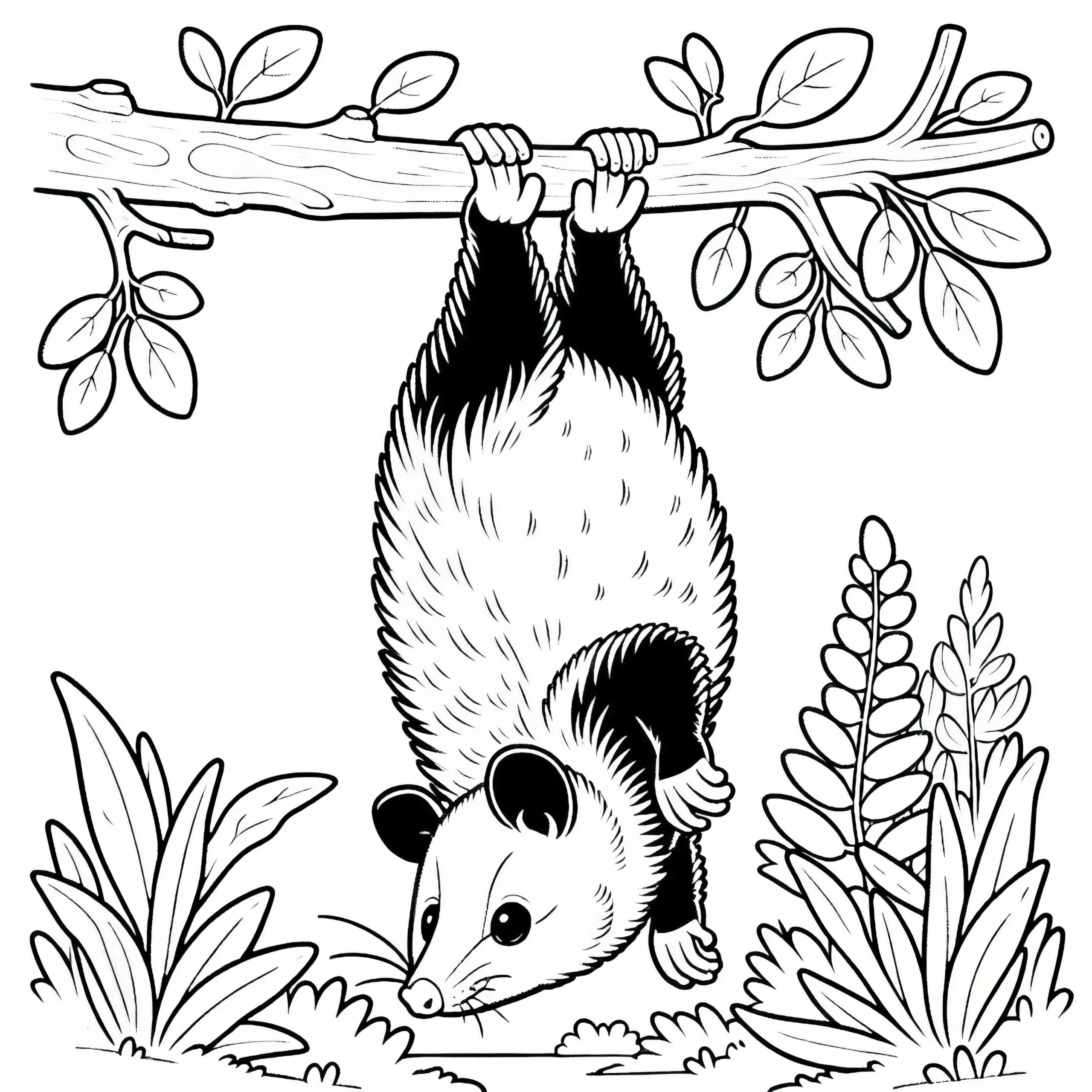 Opossum hängt kopfüber am Ast – Malvorlage kostenlos (Ausmalbild)