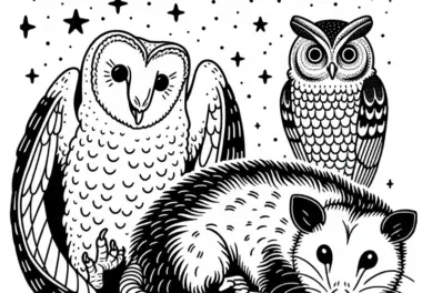Opossum wird von Eulen beobachtet – Malvorlage kostenlos