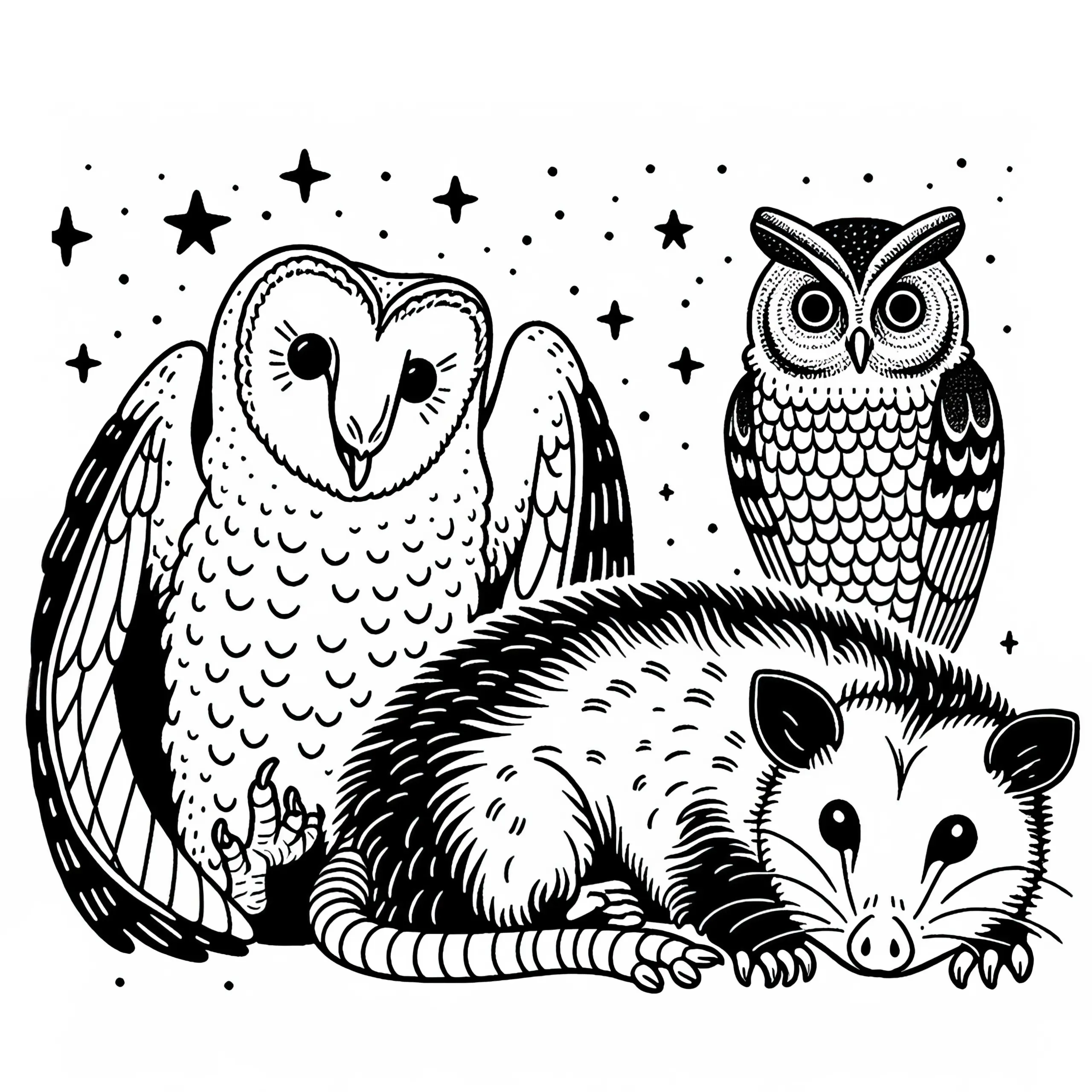 Opossum wird von Eulen beobachtet – Malvorlage kostenlos (Ausmalbild)