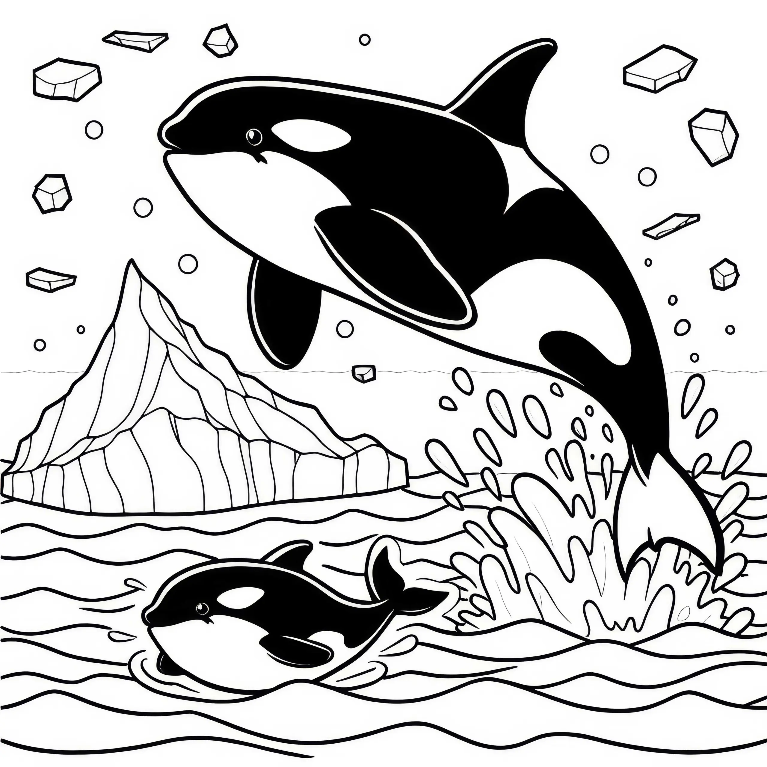 Orca-Wal springt aus Wasser vor Eisscholle: Einfache Malvorlage (Gratis) (Ausmalbild)