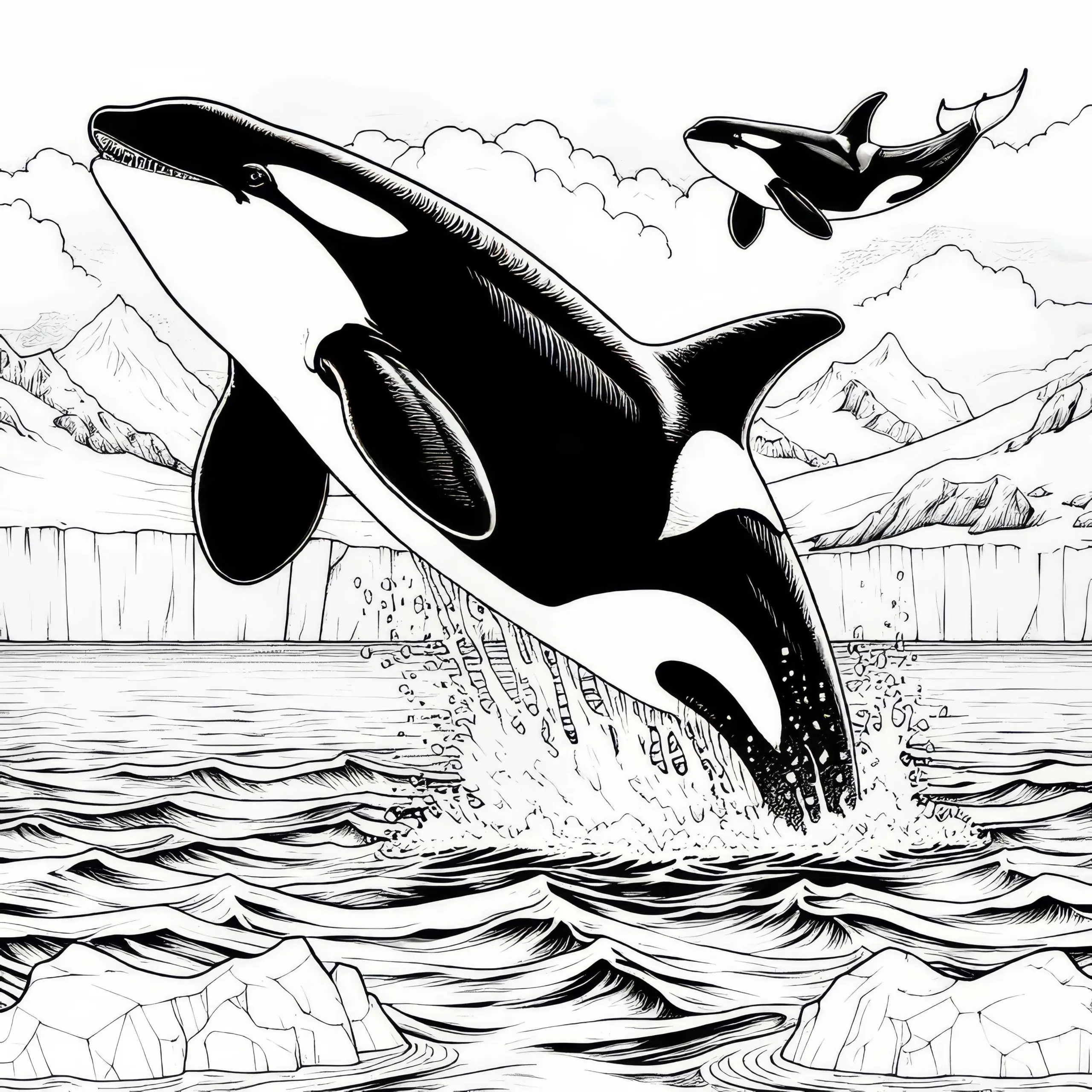 Orca-Wal springt aus Wasser: Malvorlage zum Herunterladen (Kostenlos) (Ausmalbild)