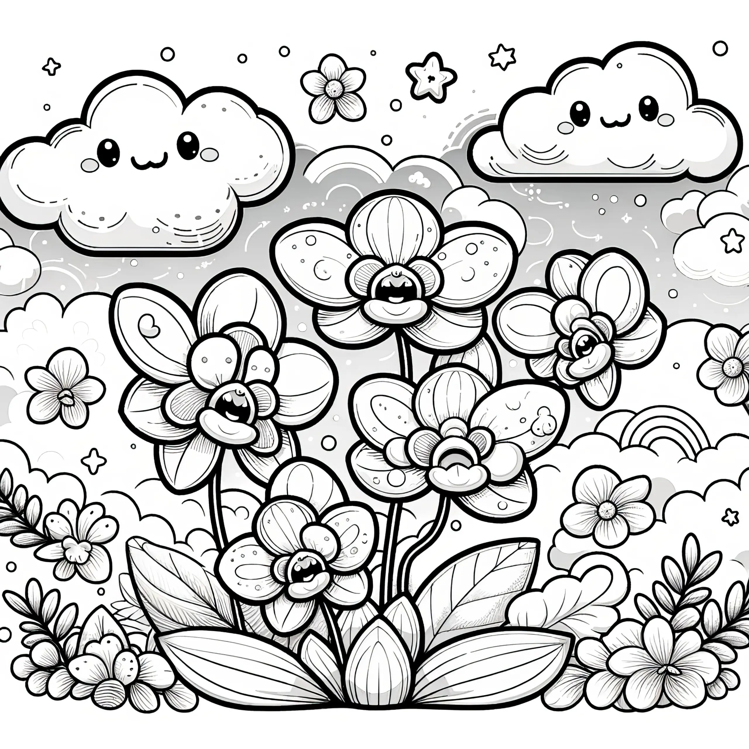 Orchidee auf der Wiese unter Wolken als Ausmalbild (Kostenlos)
