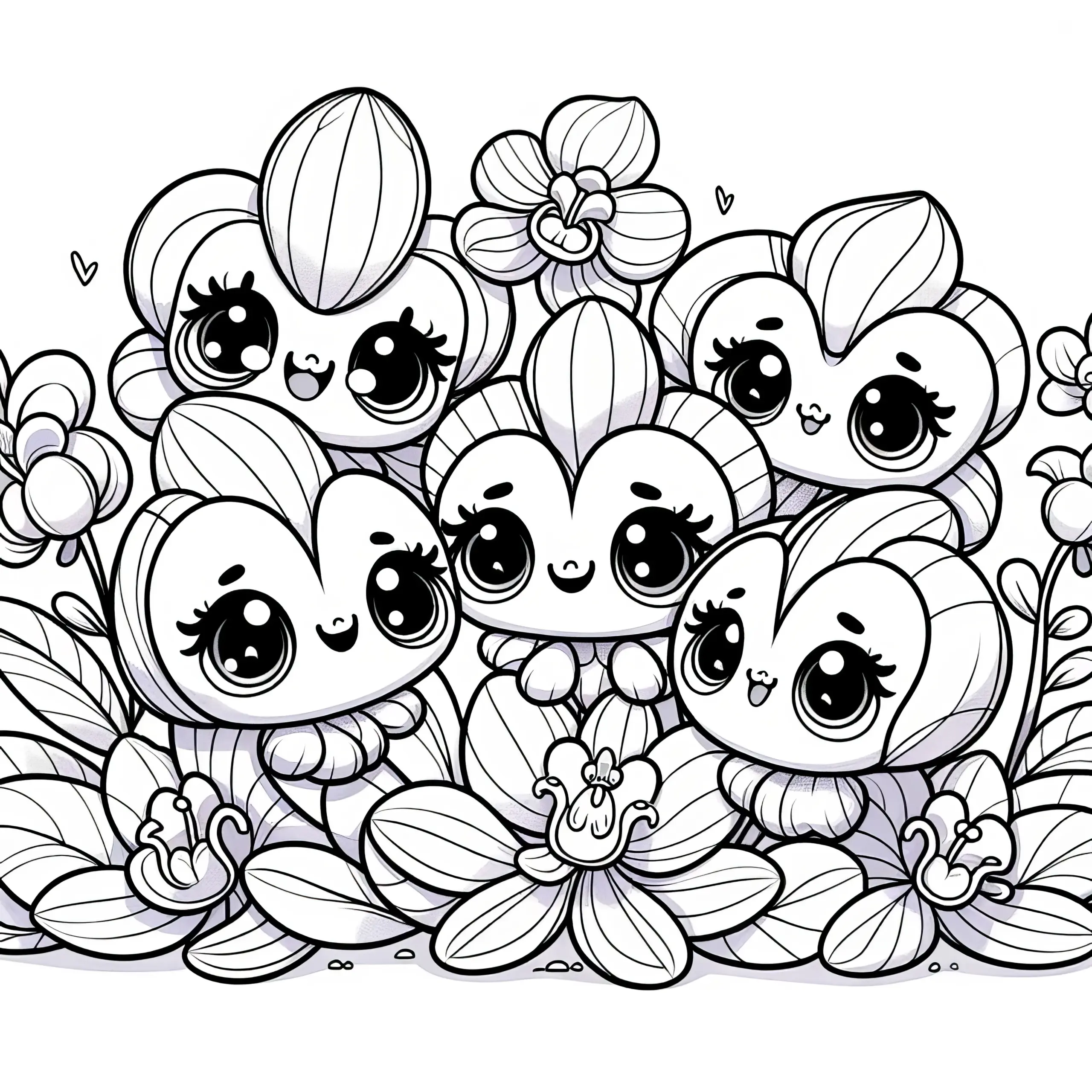 Orchideen als süße Pflanzenwesen: Ausmalbild für Kinder (Gratis)