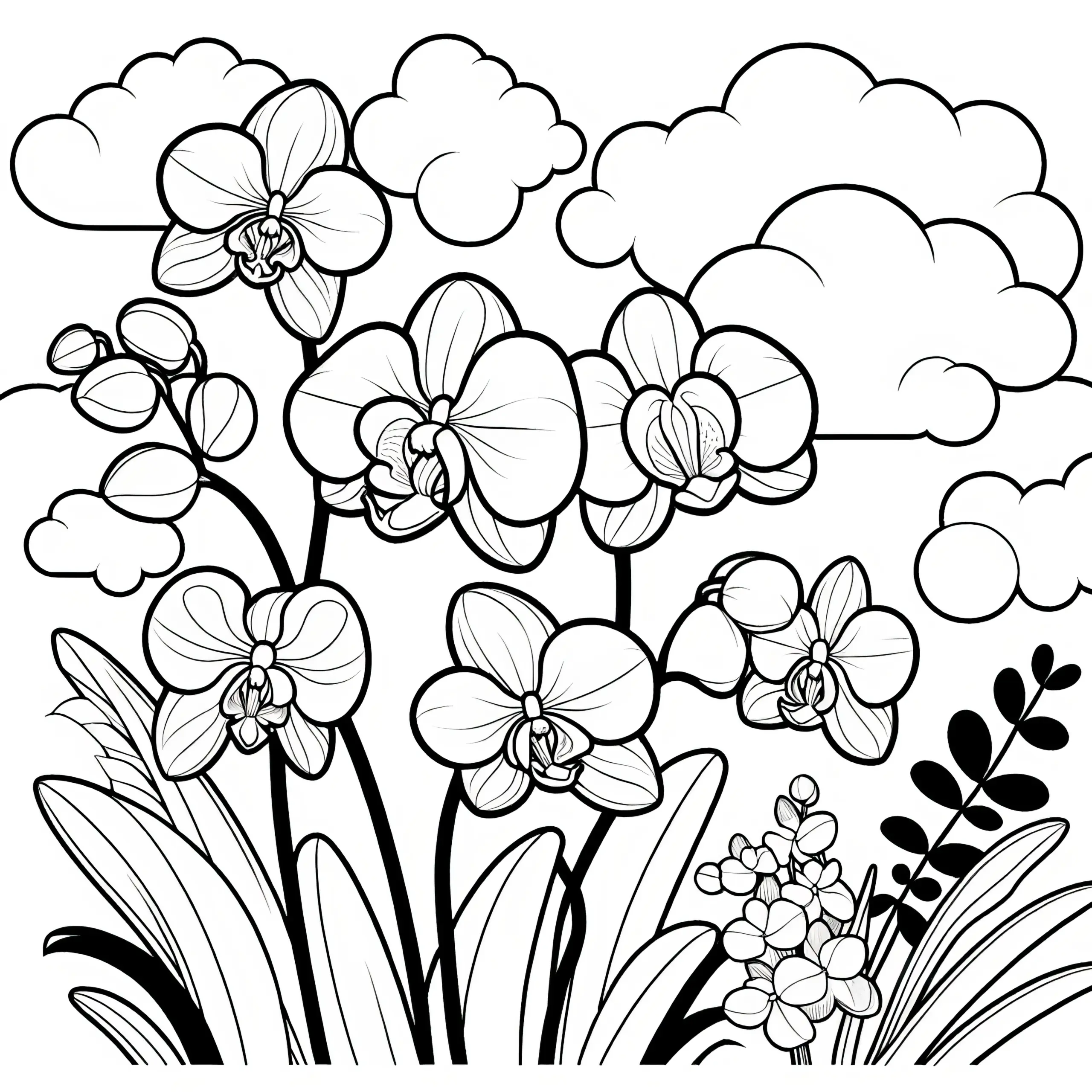 Orchideenblüten und Wolken: Bild zum Ausmalen (Gratis) (Ausmalbild)