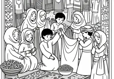 Orientalischer Markt mit Stoffen und Gewürzen – Malvorlage zur Seidenstraße