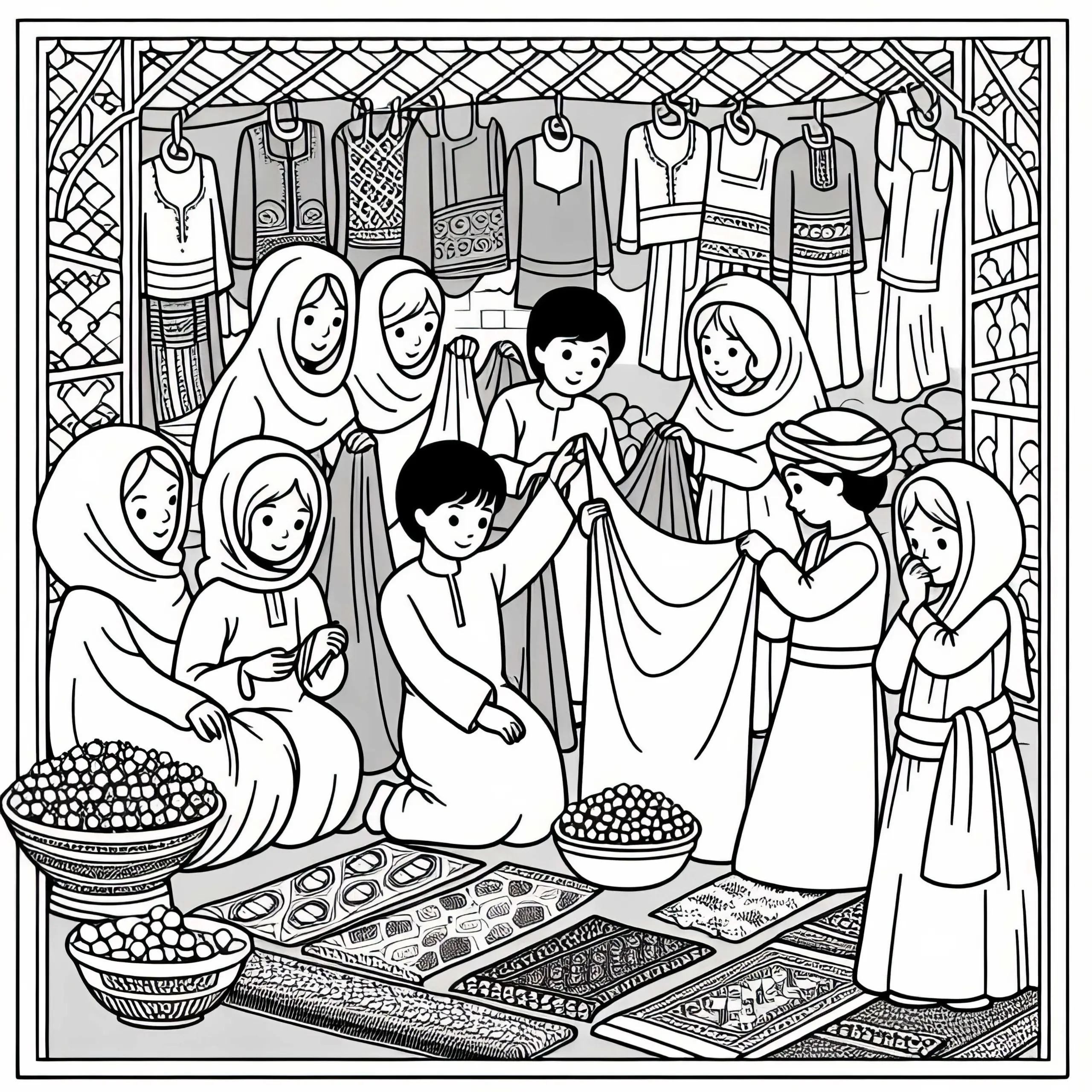 Orientalischer Markt mit Stoffen und Gewürzen – Malvorlage zur Seidenstraße (Ausmalbild)