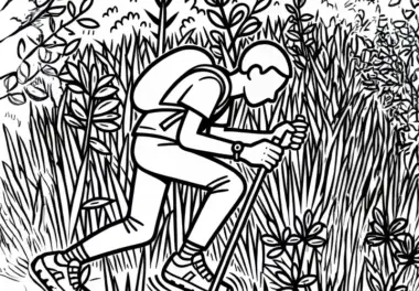 Orientierungsläufer kämpft sich durch hohes Gras – Ausmalbild kostenlos