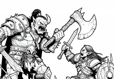 Ork kämpft mit schwerer Axt gegen Ritter – Ausmalbild kostenlos