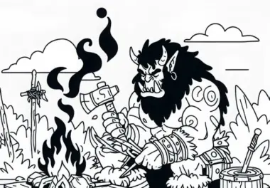 Ork sitzt am Lagerfeuer und schmiedet neuen Helm – Malvorlage gratis