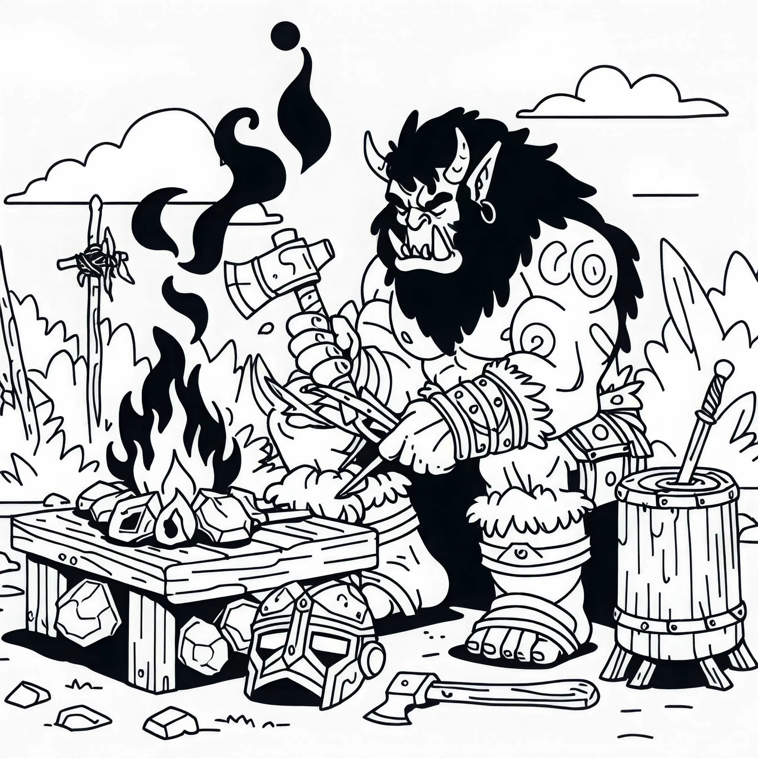 Ork sitzt am Lagerfeuer und schmiedet neuen Helm – Malvorlage gratis (Ausmalbild)