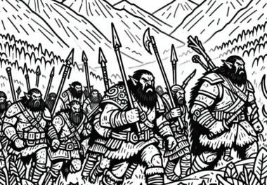 Orks marschieren mit Waffen durch wilde Landschaft – Ausmalbild gratis