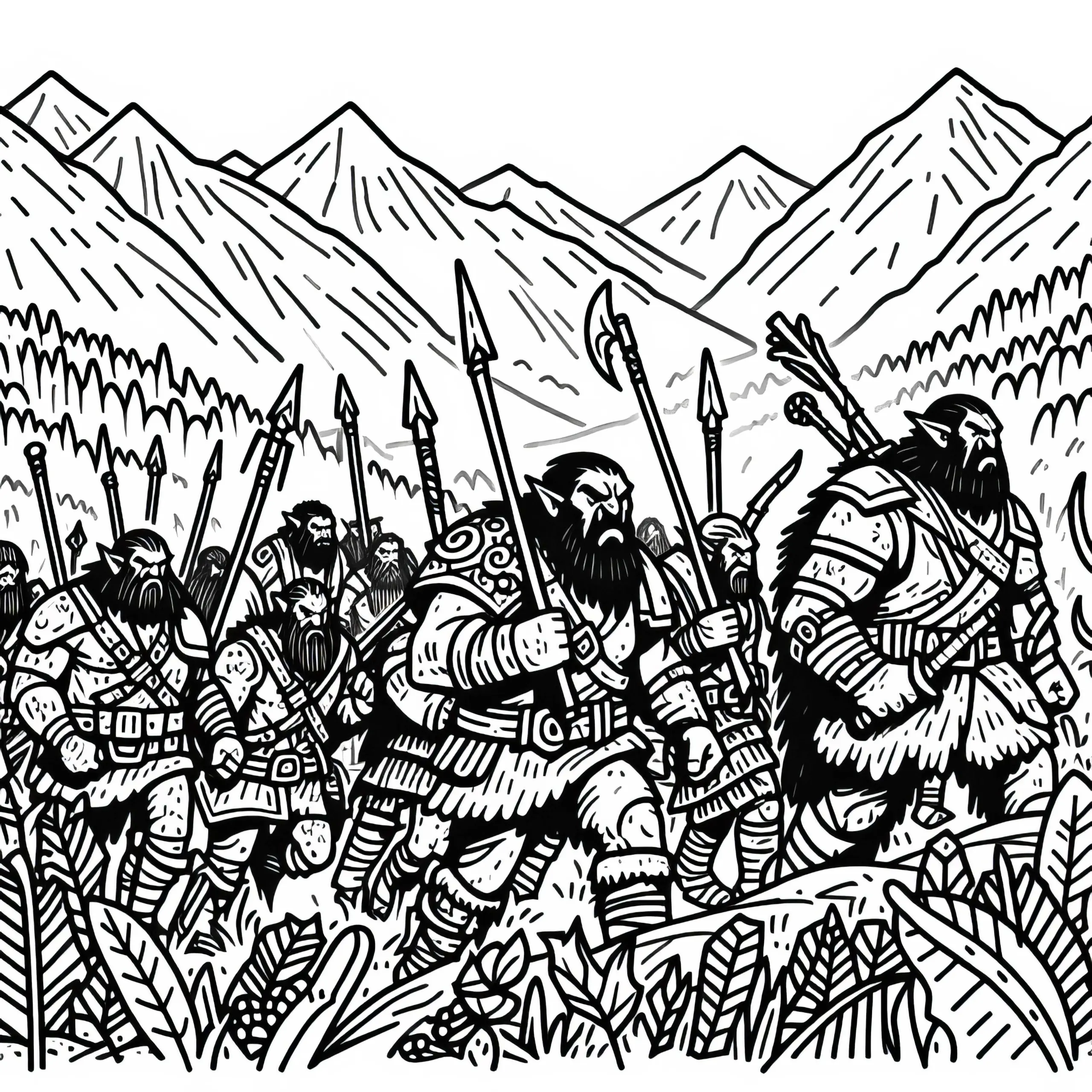 Orks marschieren mit Waffen durch wilde Landschaft – Ausmalbild gratis
