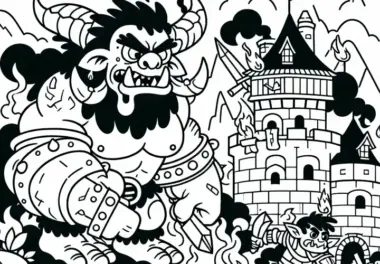 Orks stürmen und plündern Dorf – Malvorlage kostenlos