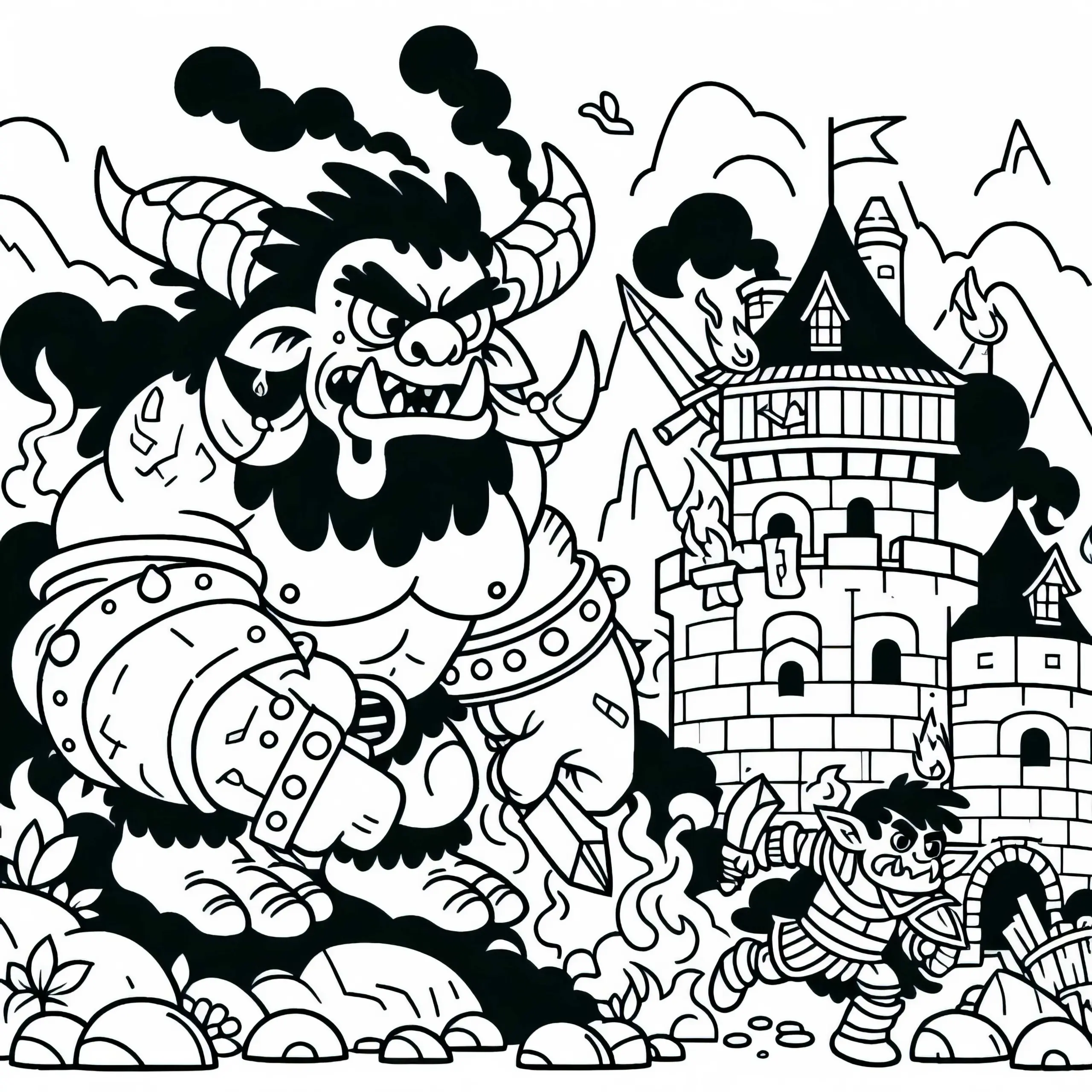 Orks stürmen und plündern Dorf – Malvorlage kostenlos (Ausmalbild)