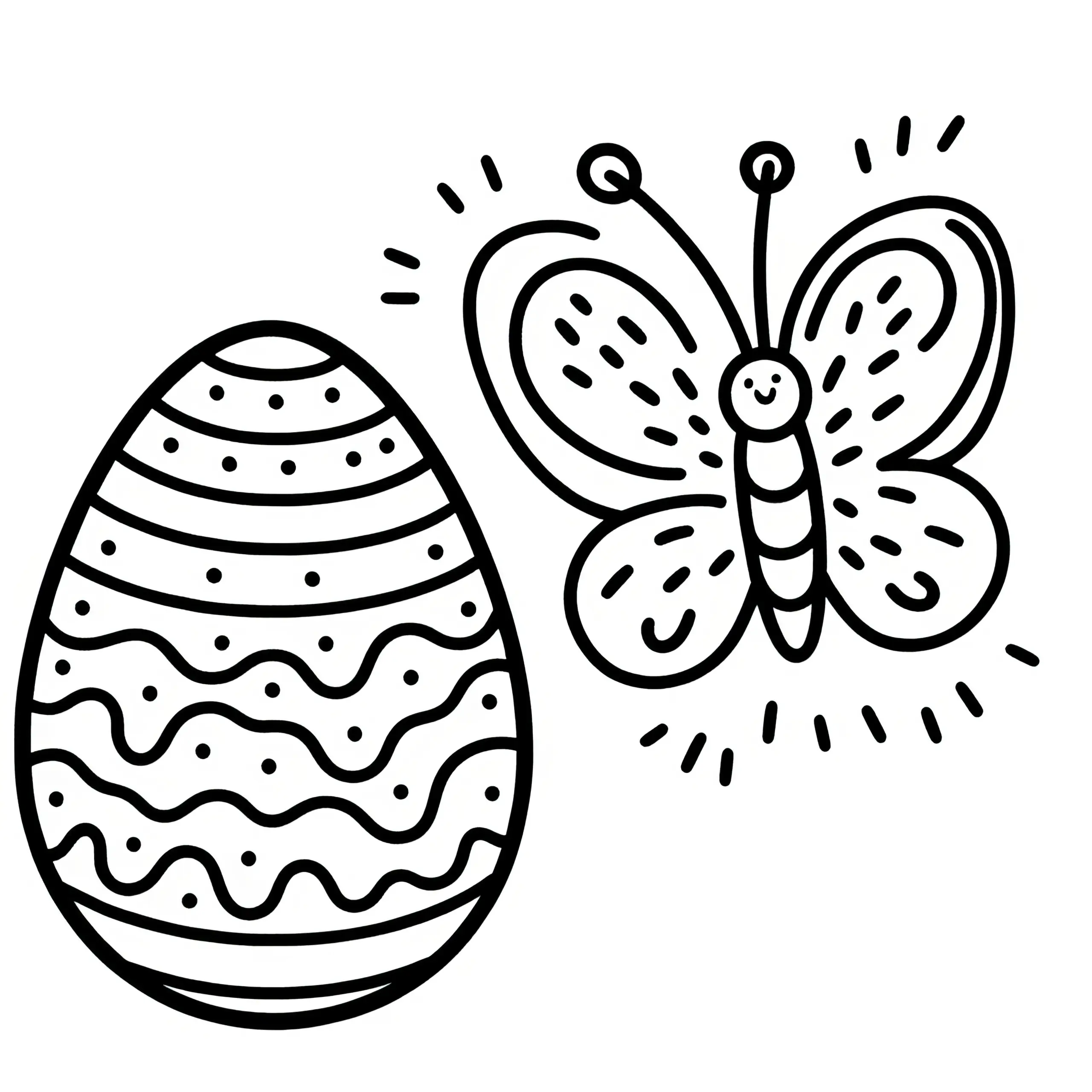 Osterei mit freundlichem Schmetterling: Malvorlage zum Download (Gratis) (Ausmalbild)