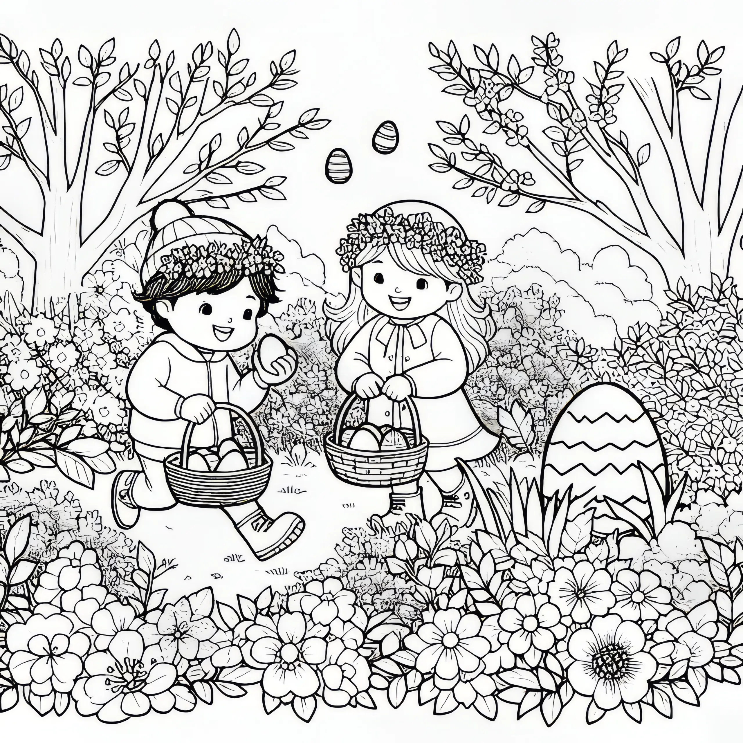 Ostereiersuche im Garten: gratis Ausmalbild für den Frühling