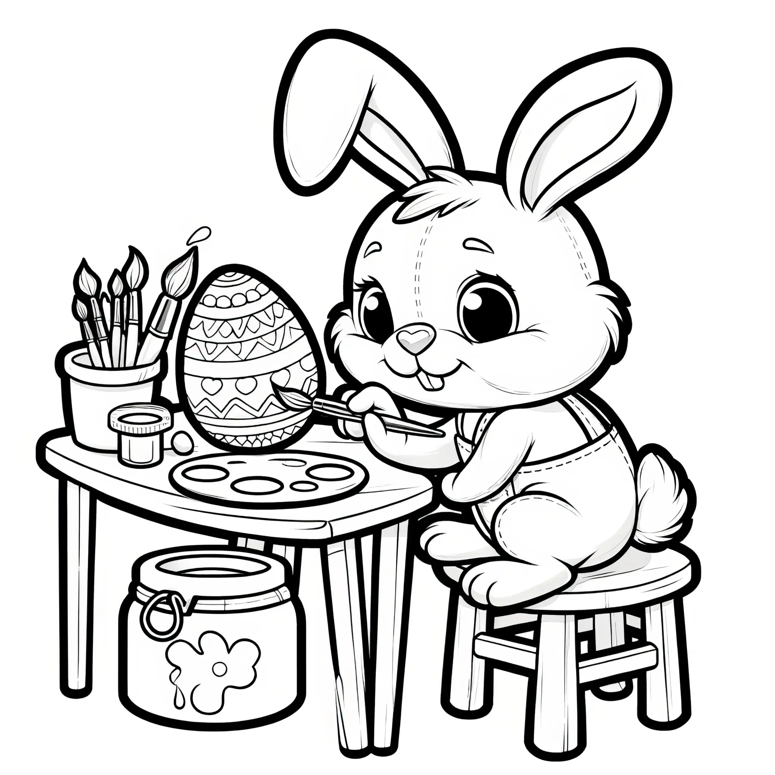 Osterhase bemalt eifrig Ostereier am Tisch: Ausmalbild für Kinder (Gratis)