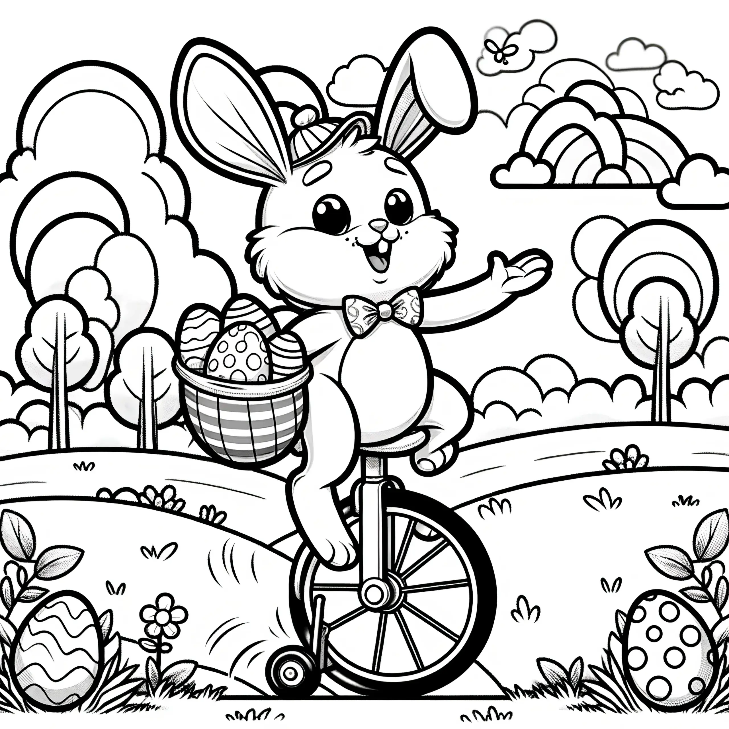 Osterhase auf Einrad in Landschaft: Malvorlage zum Herunterladen (Kostenlos) (Ausmalbild)