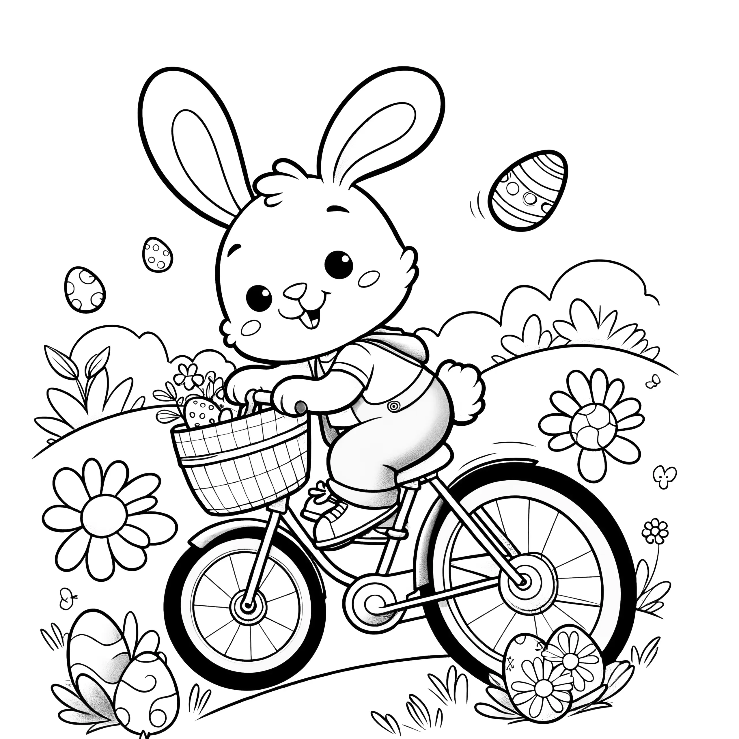 Osterhase mit Fahrrad auf Blumenwiese: Ausmalbild zum Download (Gratis)