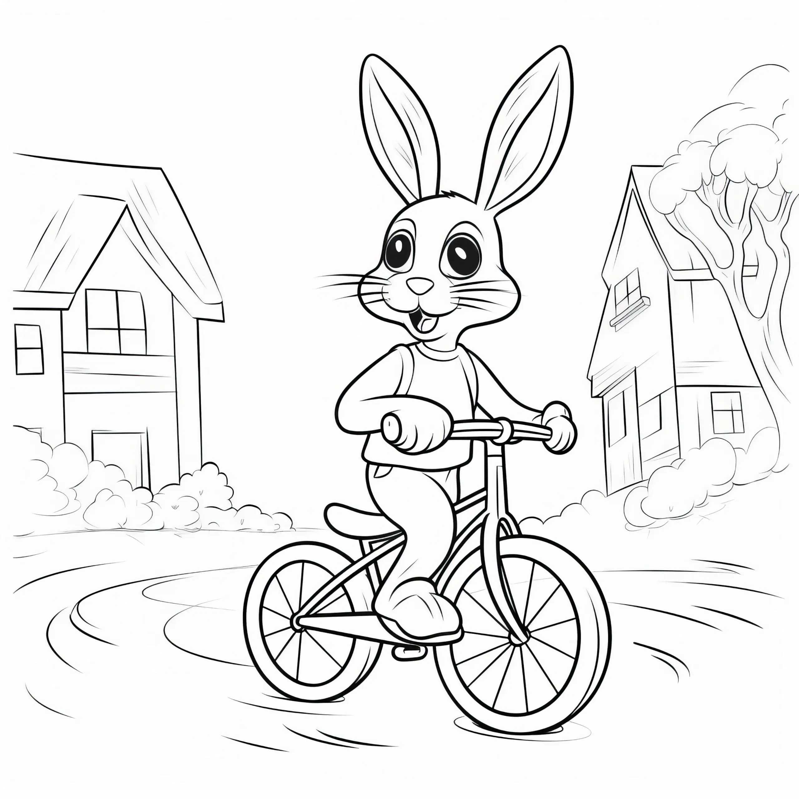 Osterhase mit Fahrrad im Dorf unterwegs: Malvorlage zum Herunterladen (Kostenlos) (Ausmalbild)