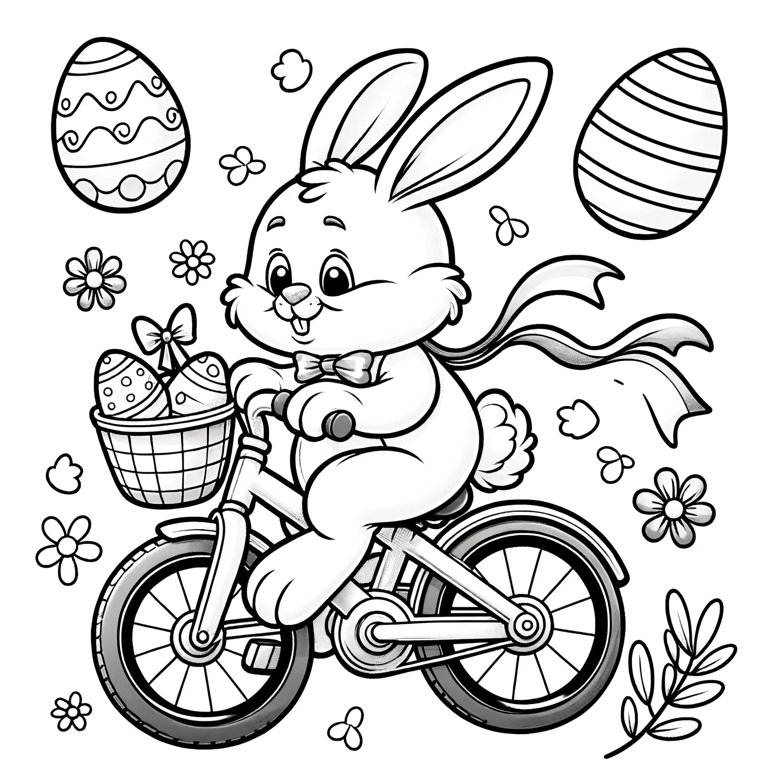 Osterhase mit Fahrrad und Osterkorb voller Ostereier: Malvorlage (Kostenlos) (Ausmalbild)
