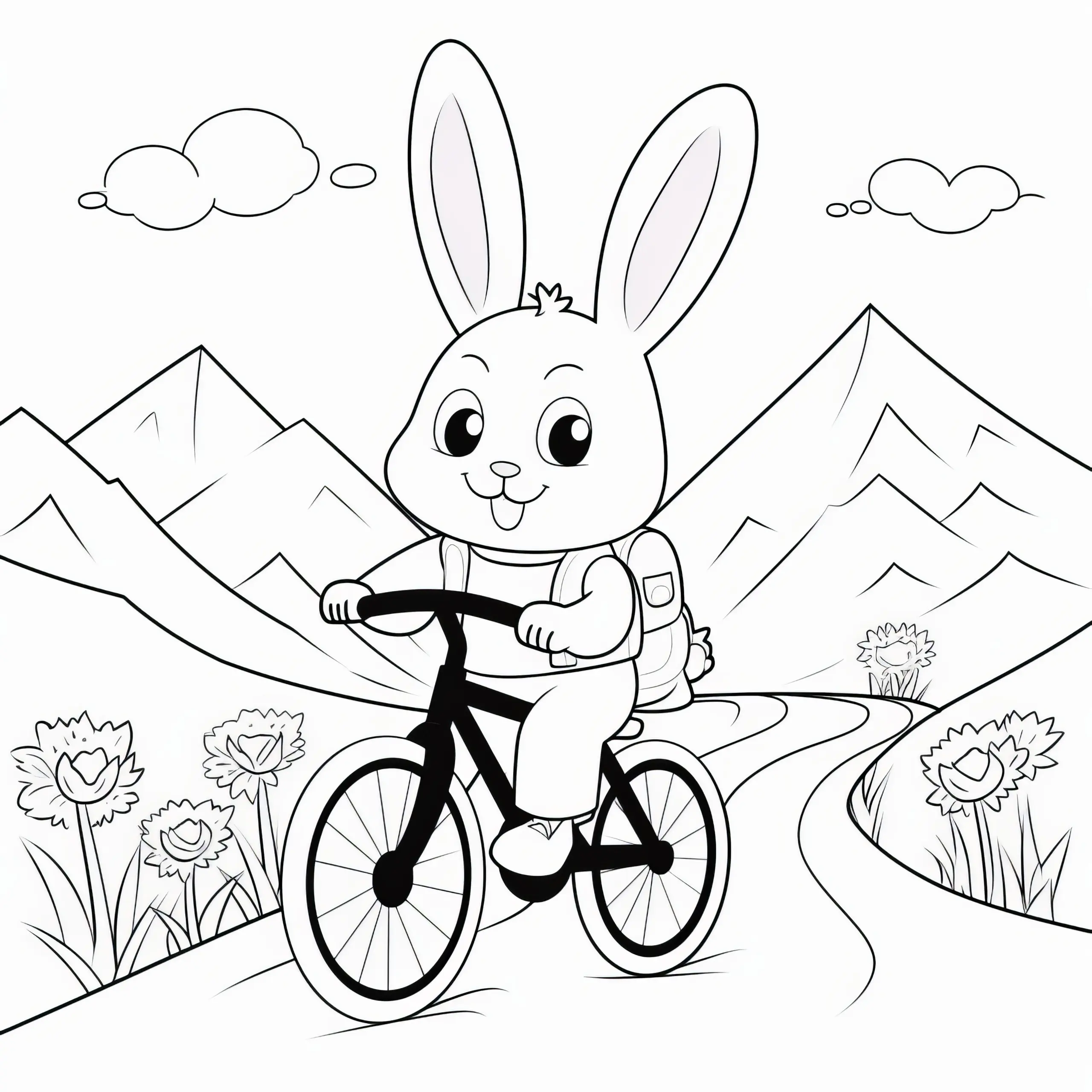 Osterhase auf Fahrrad mit Rucksack: Ausmalbild mit Berglandschaft (Kostenlos)
