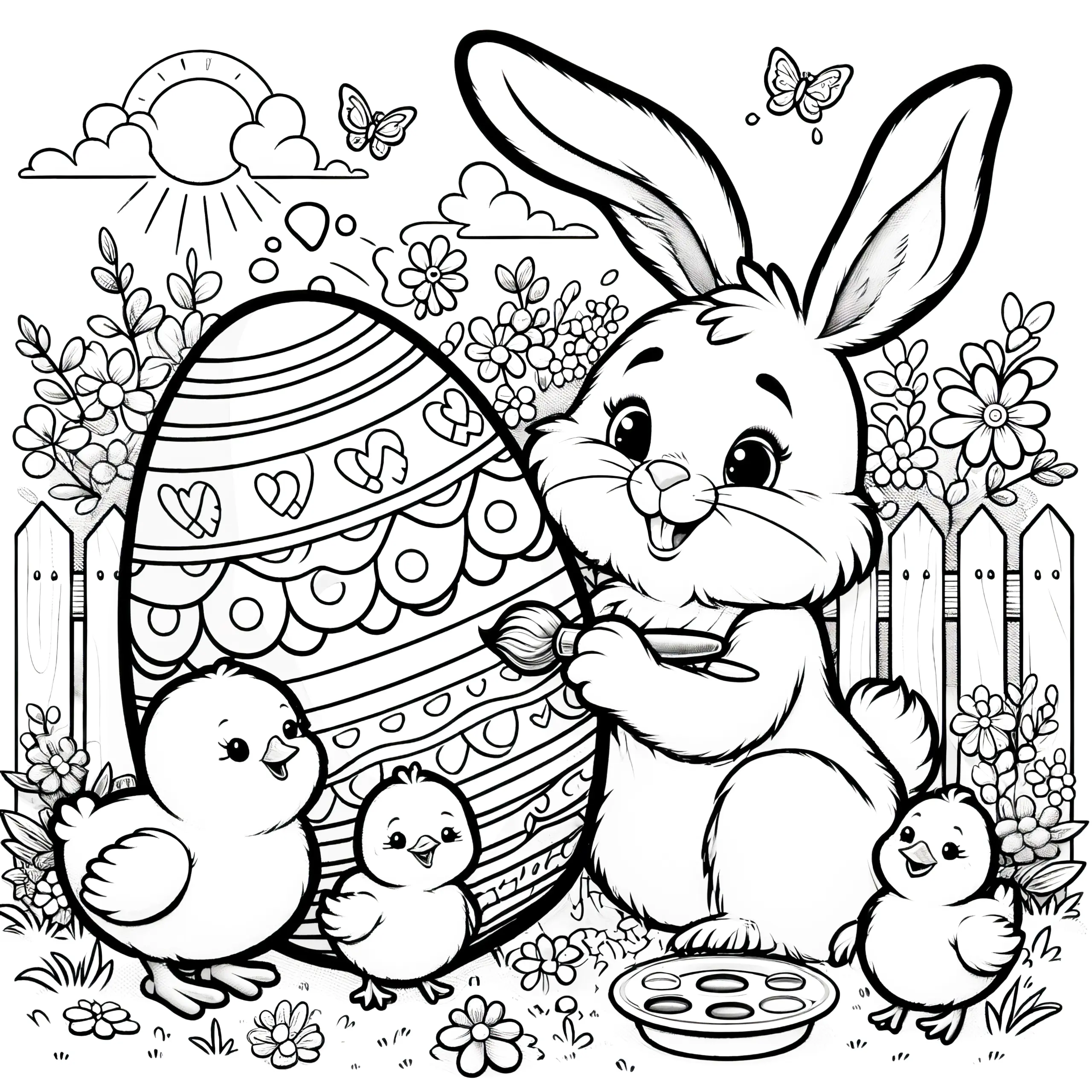 Osterhase mit flauschigen Küken und großem Osterei im Garten: Ausmalbild (Kostenlos)