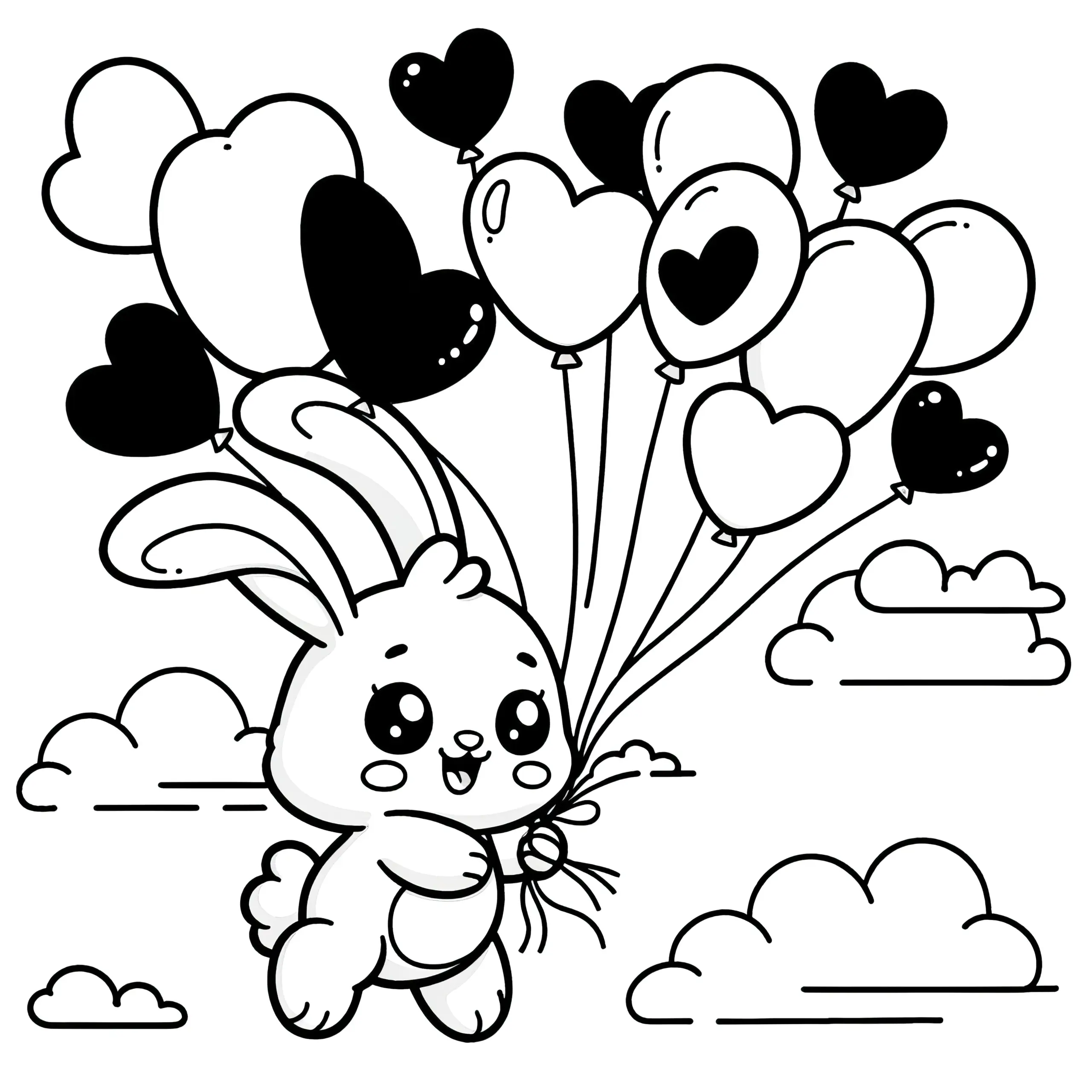 Osterhase fliegt mit herzförmigen Luftballons: Malvorlage zum Herunterladen (Gratis) (Ausmalbild)