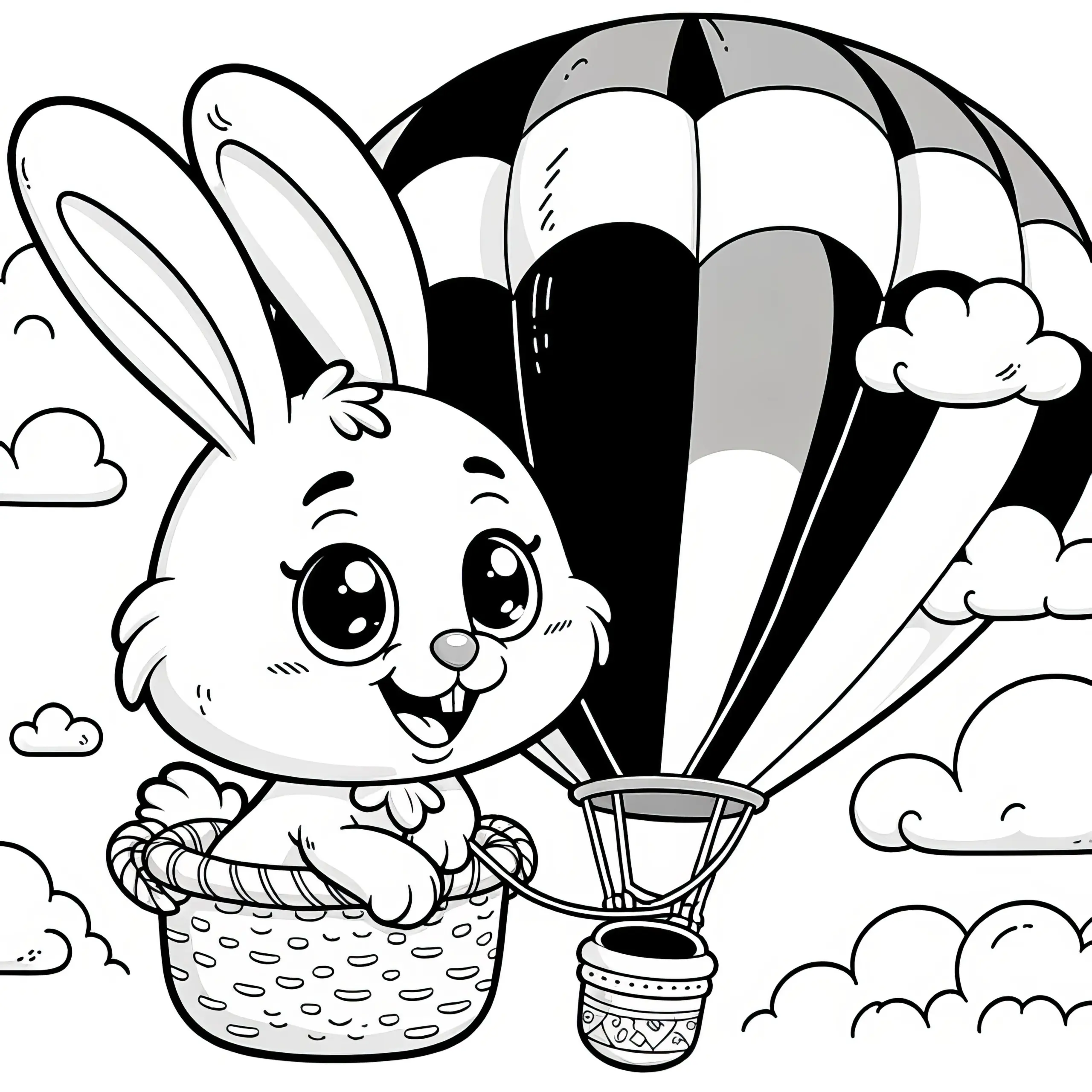 Osterhase fliegt im Korb im Wolkenhimmel: Osterbild zum Ausmalen (Kostenlos) (Ausmalbild)