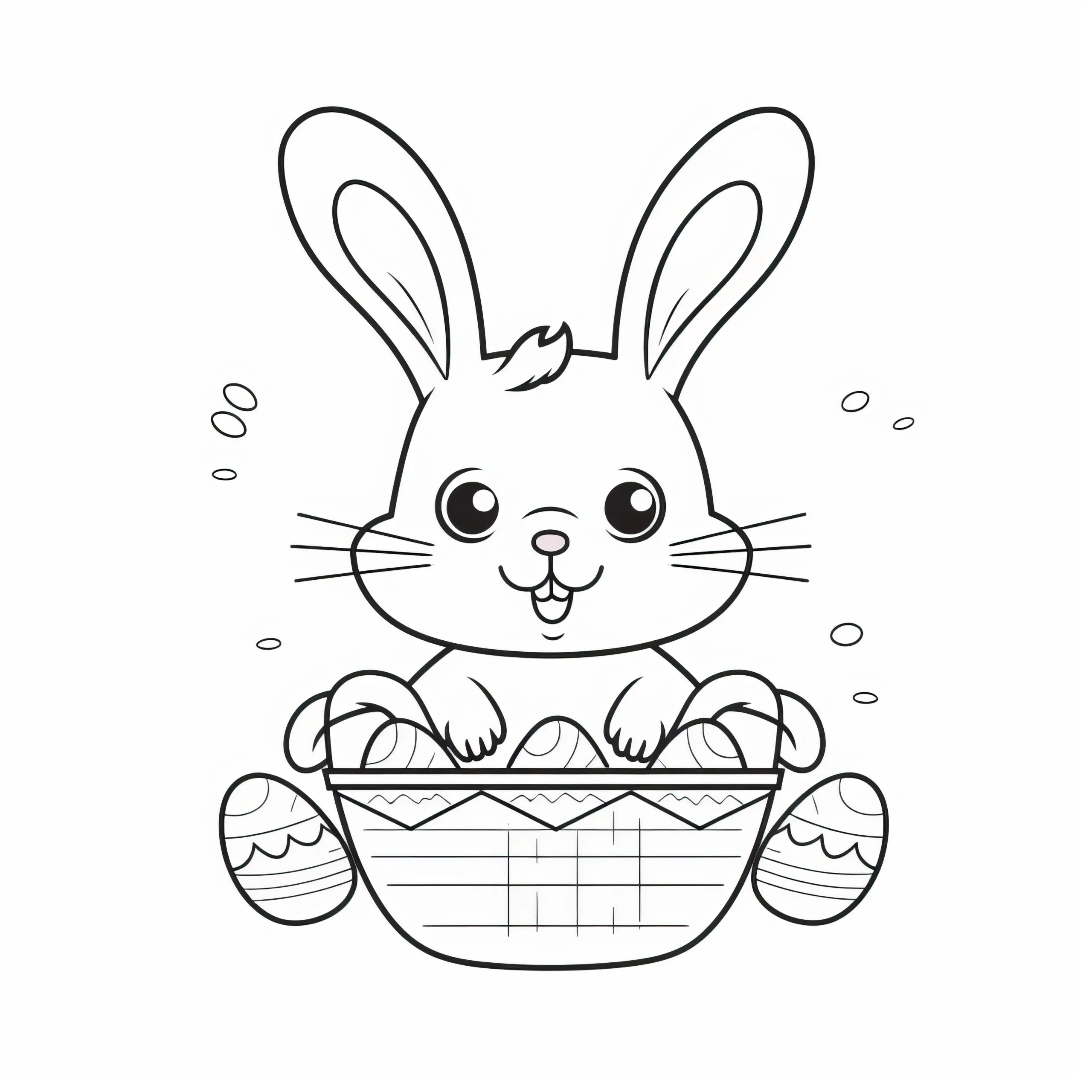 Osterhase füllt Osterkorb mit Ostereier: Einfaches Ausmalbild zum Herunterladen (Gratis)