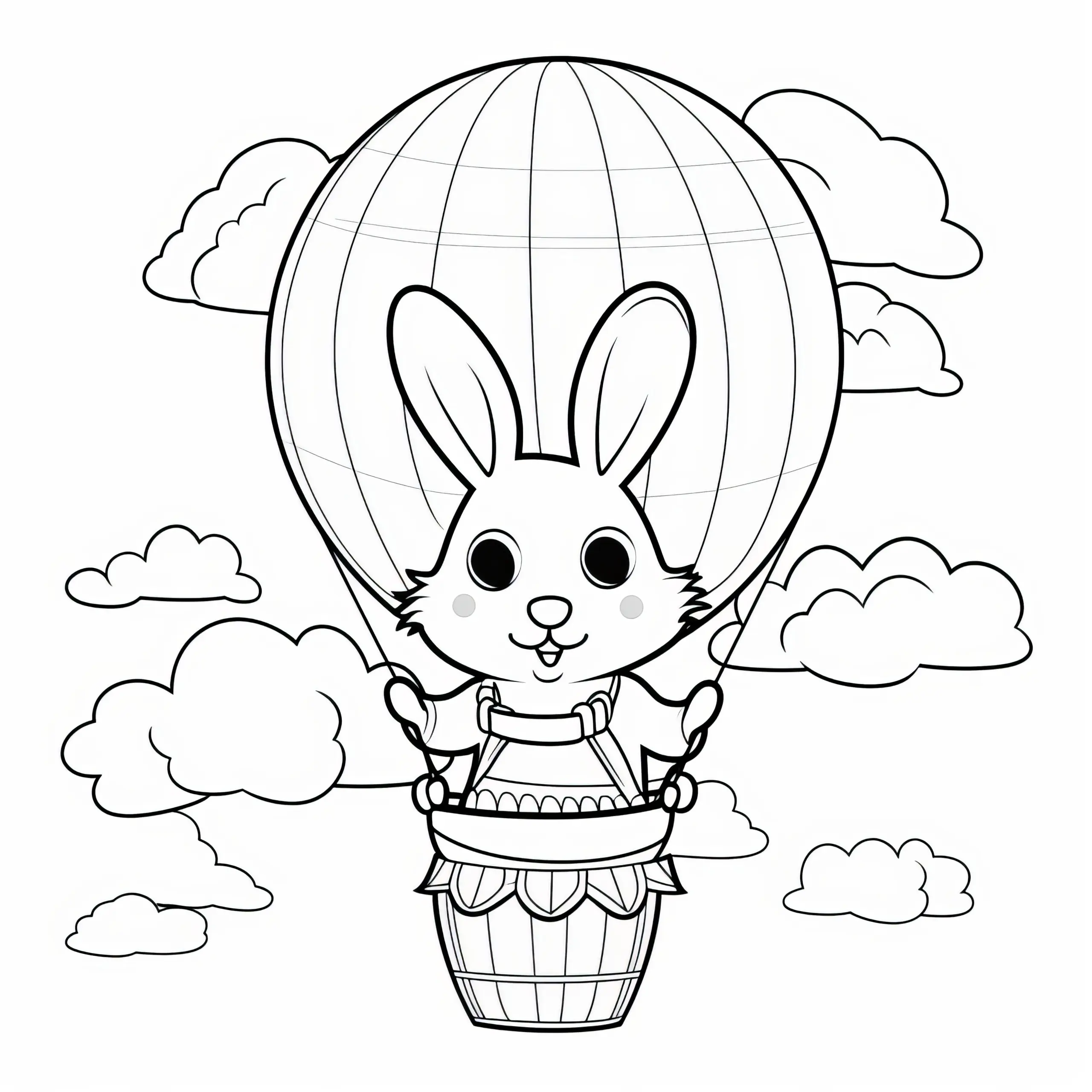 Osterhase mit großen Augen im Heißluftballon: Einfache Malvorlage (Kostenlos) (Ausmalbild)