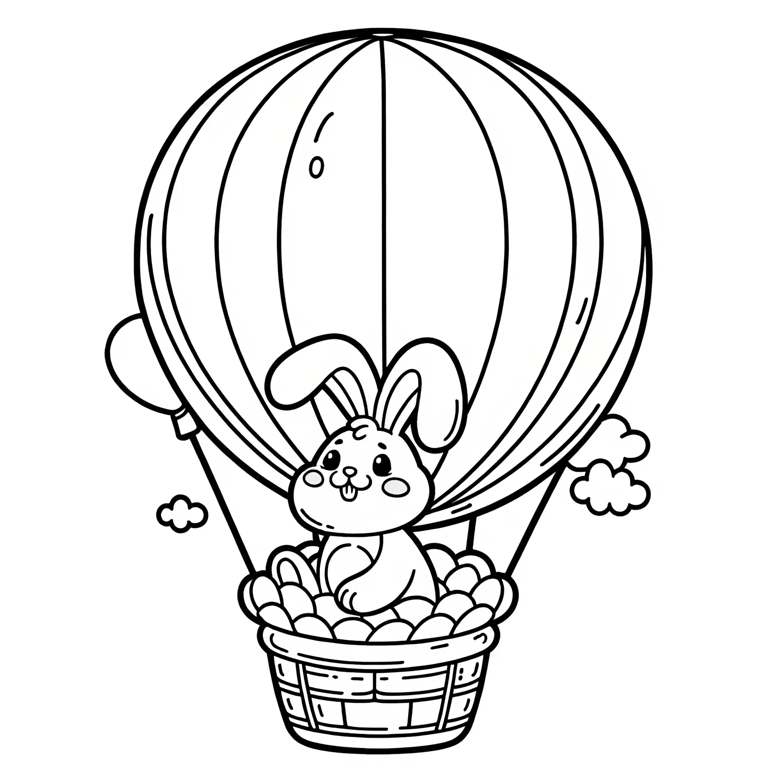 Osterhase im Heißluftballon mit Eiern: Einfache Malvorlage für Kinder (Gratis) (Ausmalbild)
