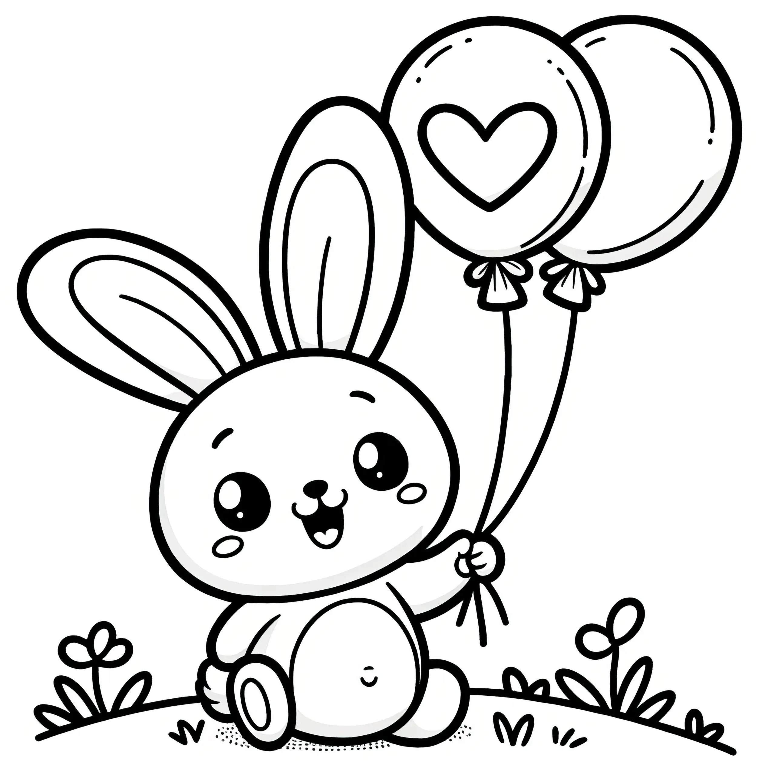 Osterhase mit zwei Herzluftballons auf einer Wiese: Gratis Malvorlage (Ausmalbild)