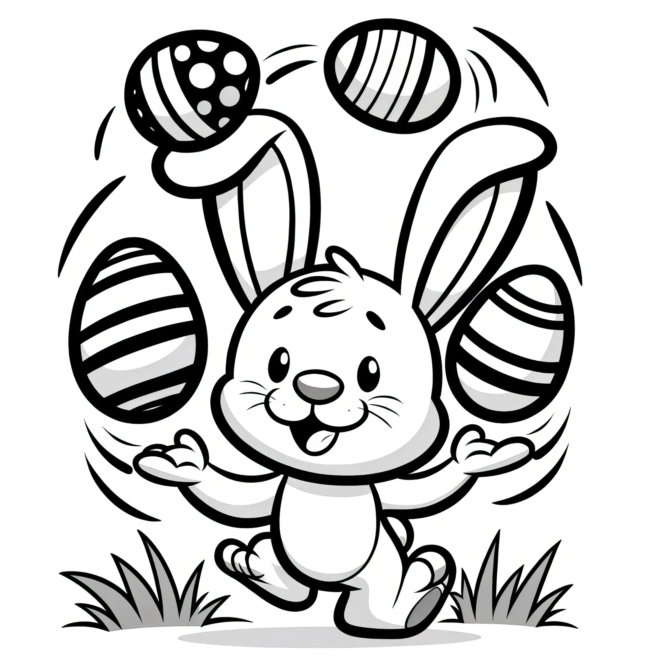 Osterhase jongliert Ostereier auf Wiese: Bild zum Ausmalen (Gratis) (Ausmalbild)