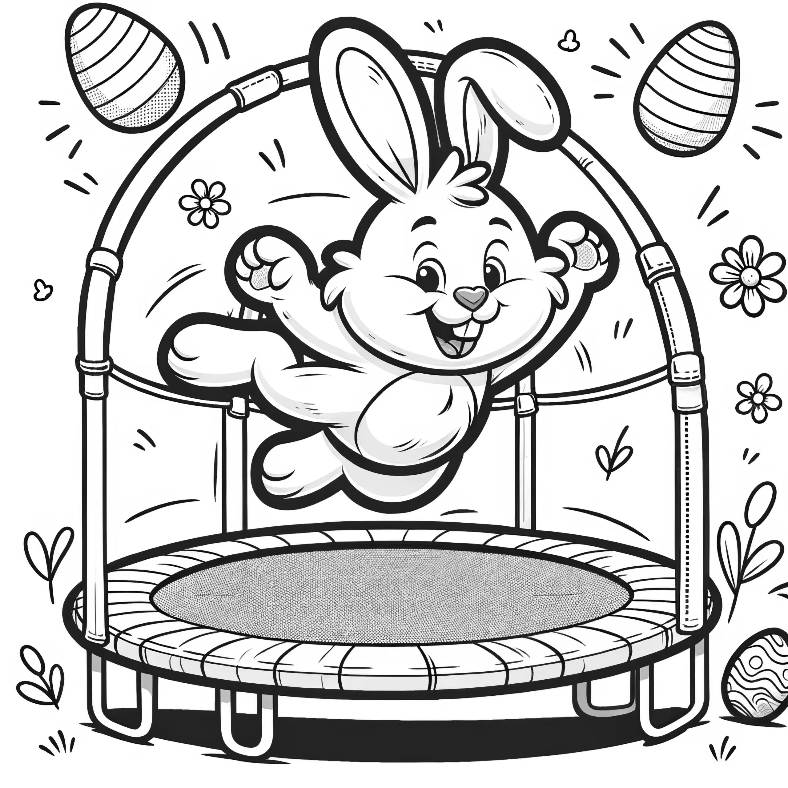 Osterhase mit Ostereier auf Trampolin: Einfache Malvorlage zum Herunterladen (Gratis) (Ausmalbild)
