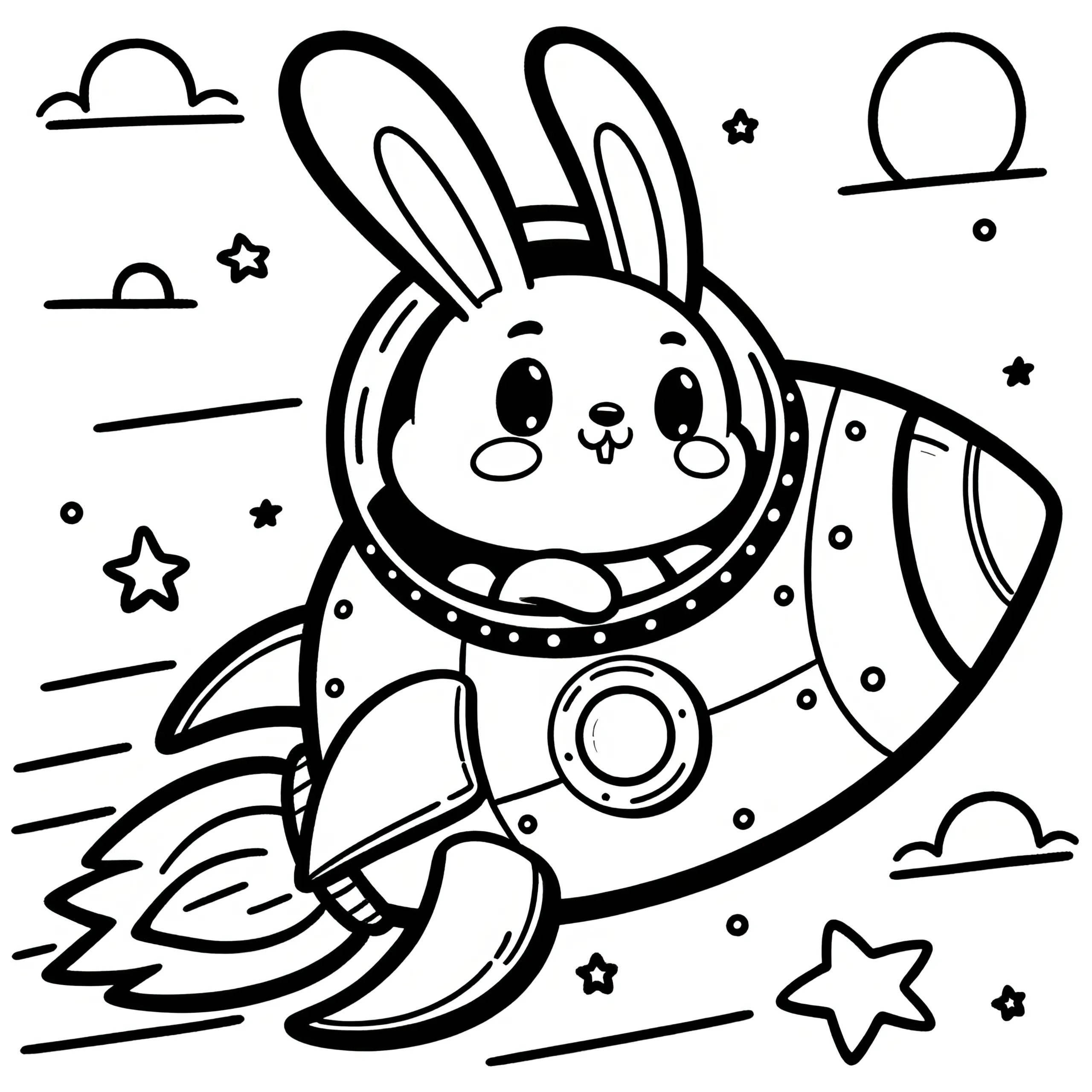 Osterhase in Rakete fliegt durch Himmel mit Wolken und Sternen (Kostenlos) (Ausmalbild)