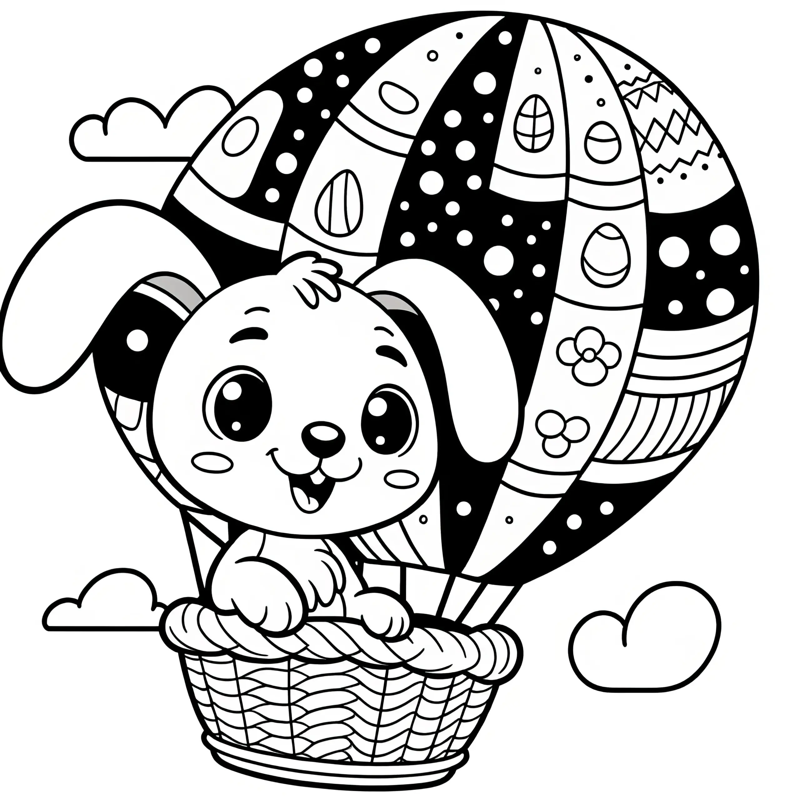 Osterhase mit Schlappohren im Heißluftballon: Ausmalbild zum Download (Gratis)