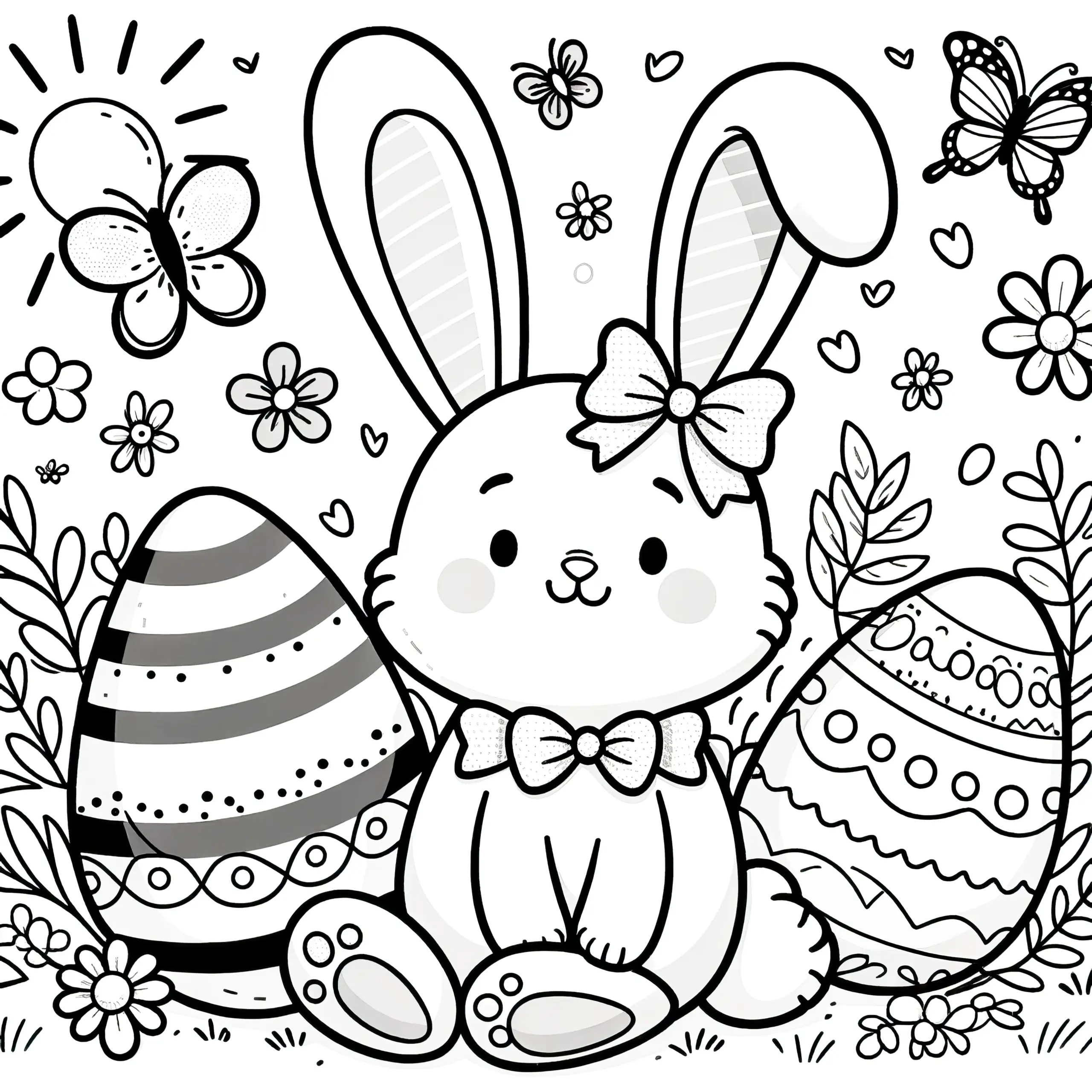 Osterhase mit Schmetterlingen und Ostereiern als Malvorlage (Kostenlos) (Ausmalbild)