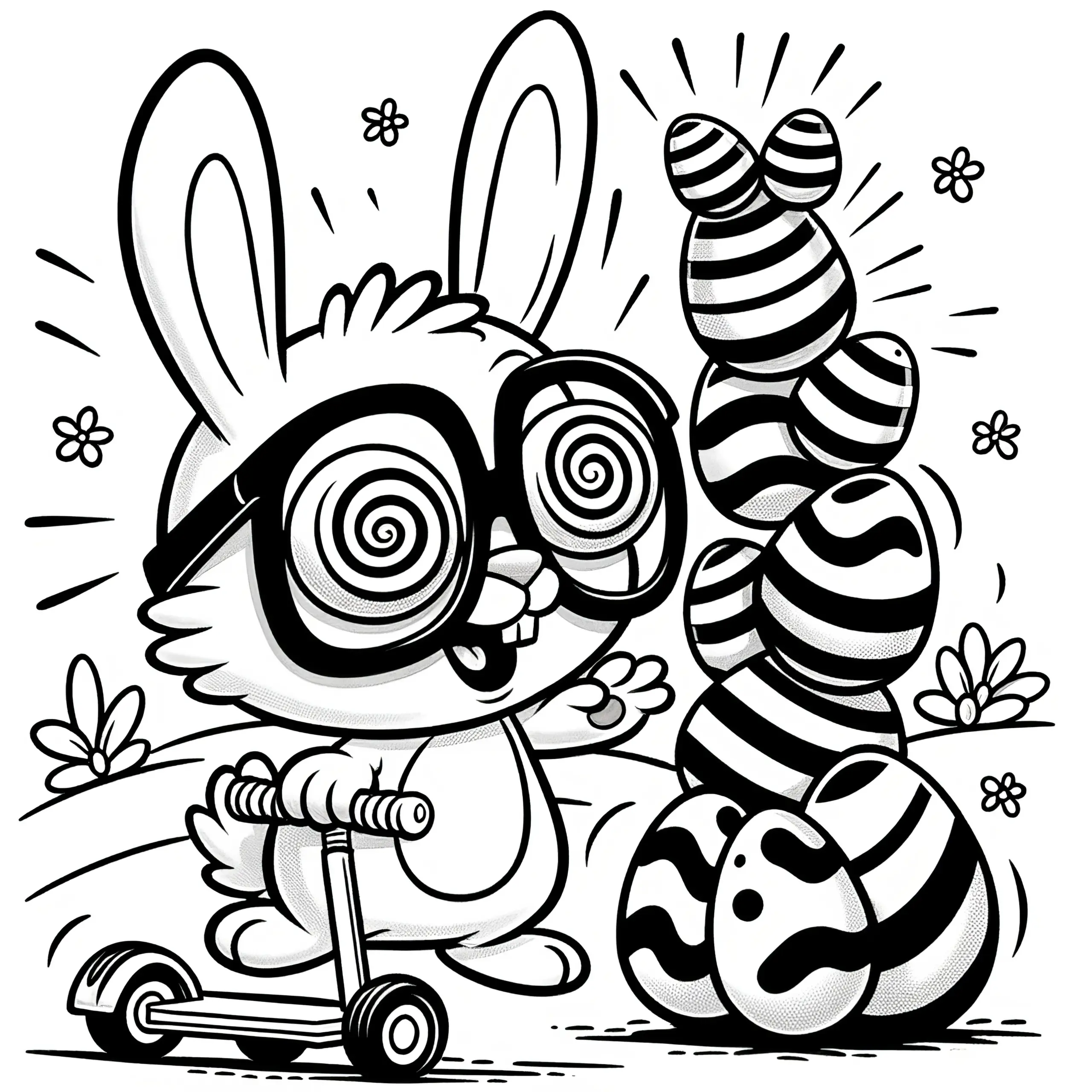 Osterhase stapelt verwirrt Ostereier: Ausmalbild zum Herunterladen (Gratis)