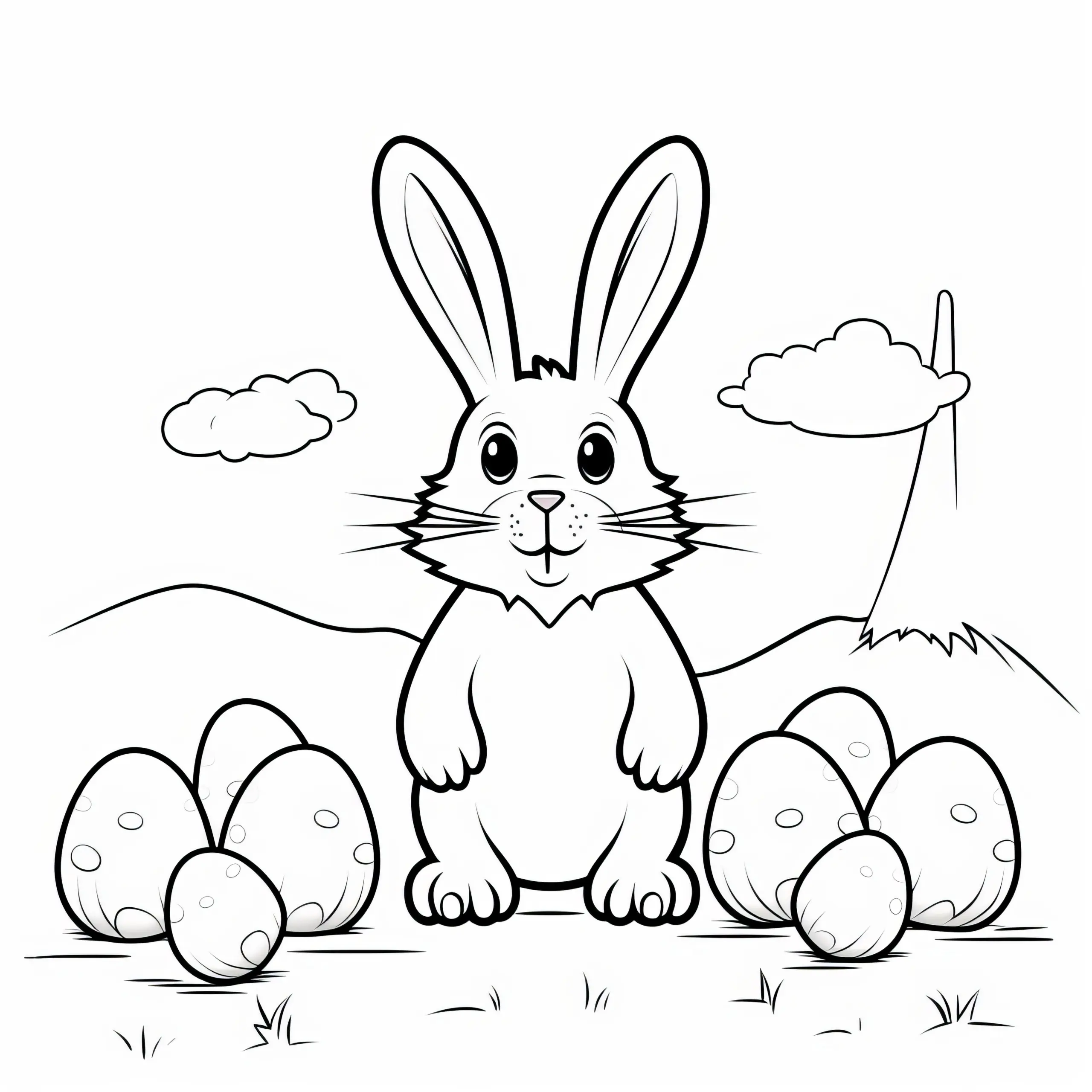 Osterhase staunt über viele Ostereier zum Bemalen: Ausmalbild zum Herunterladen (Kostenlos)