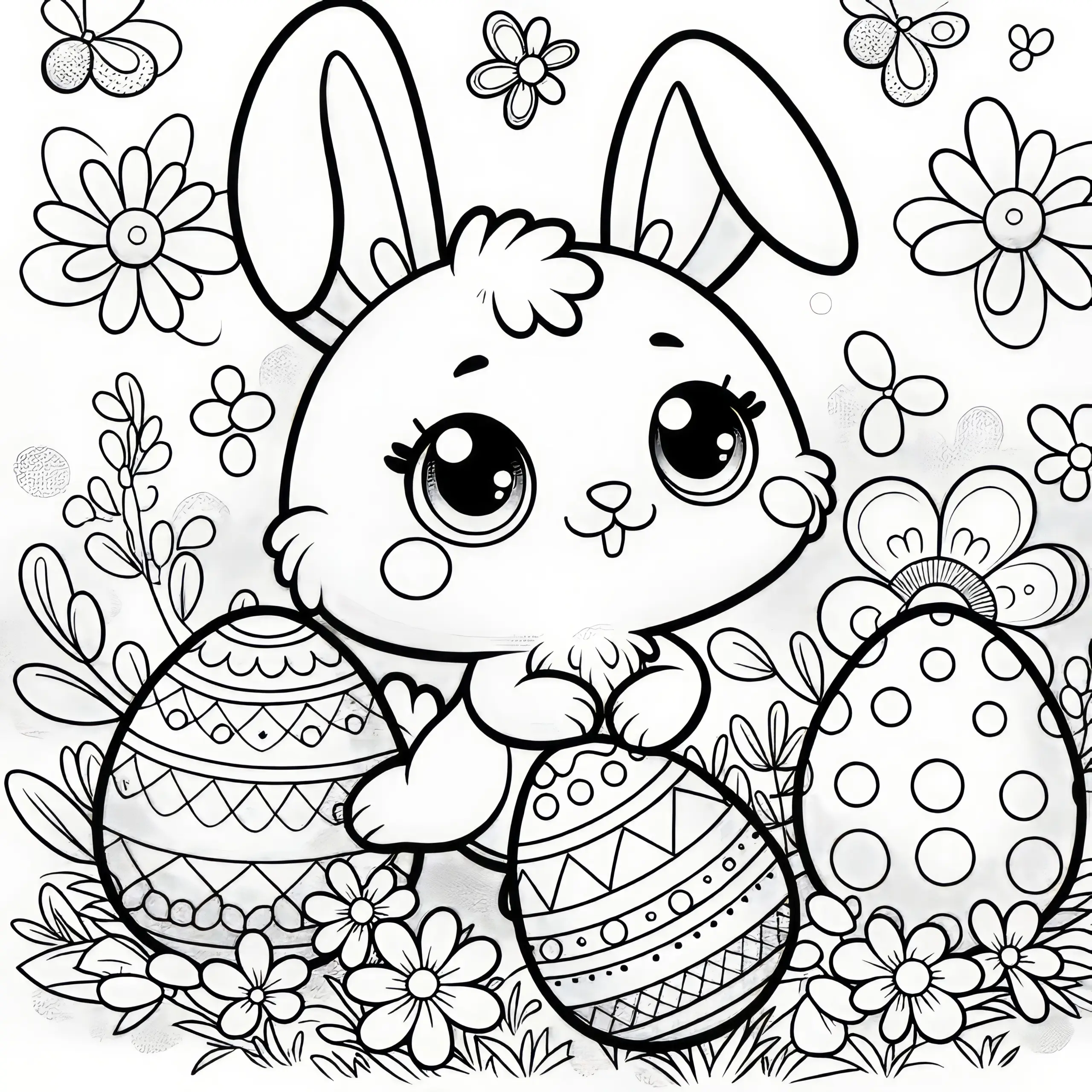 Osterhase mit süßen Augen auf Blumenwiese: Ausmalbild mit Ostereiern (Kostenlos)