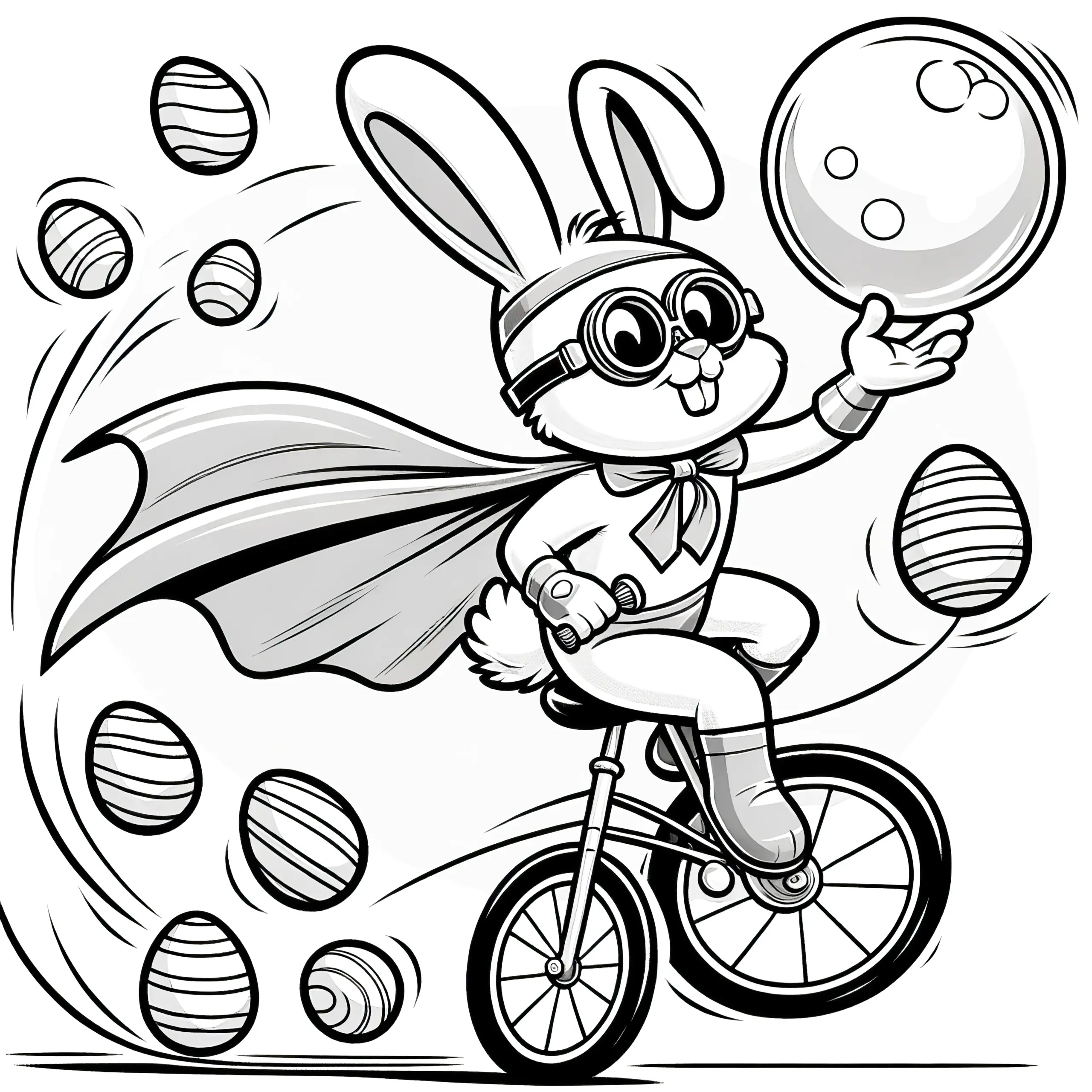 Osterhase als Superheld zeigt Kunststück auf Fahrrad: Malvorlage mit Ostereiern (Kostenlos) (Ausmalbild)