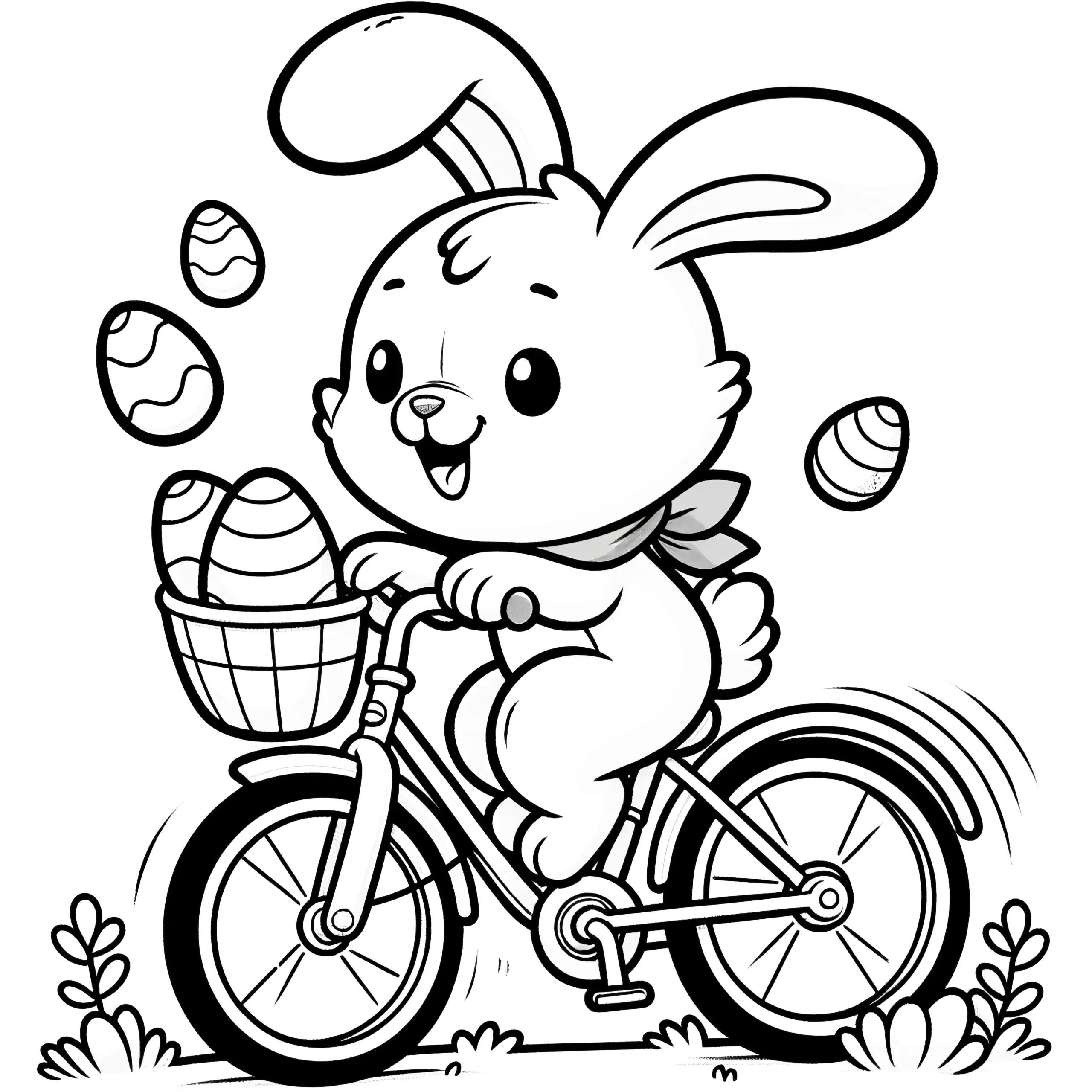 Osterhase verliert beim Fahrradfahren Ostereier: Ausmalbild zum Herunterladen (Gratis)