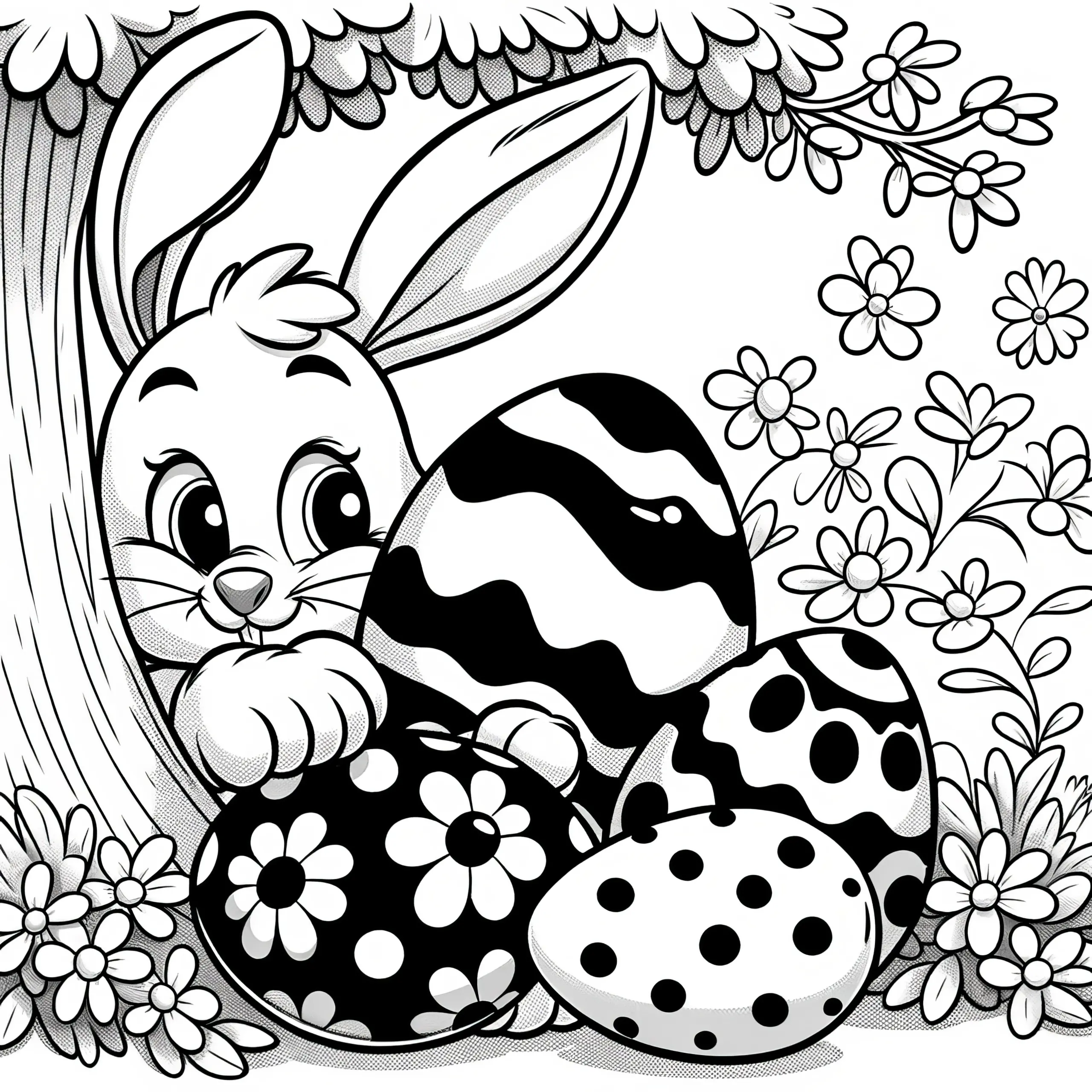 Osterhase versteckt sich hinter Ostereiern: Malvorlage zum Download (Gratis) (Ausmalbild)