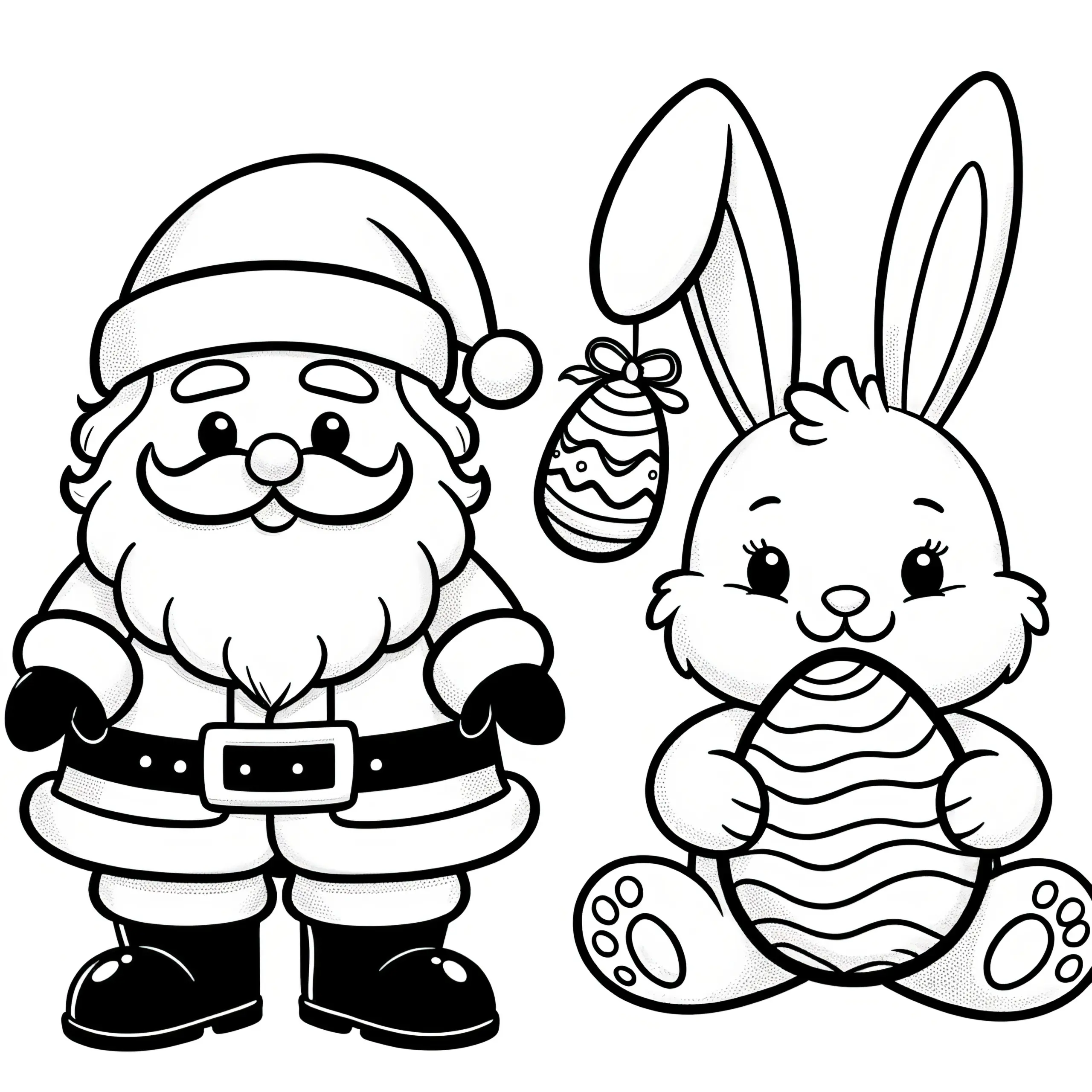 Osterhase mit Weihnachtsmann: Einfache Malvorlage für Kinder (Kostenlos) (Ausmalbild)