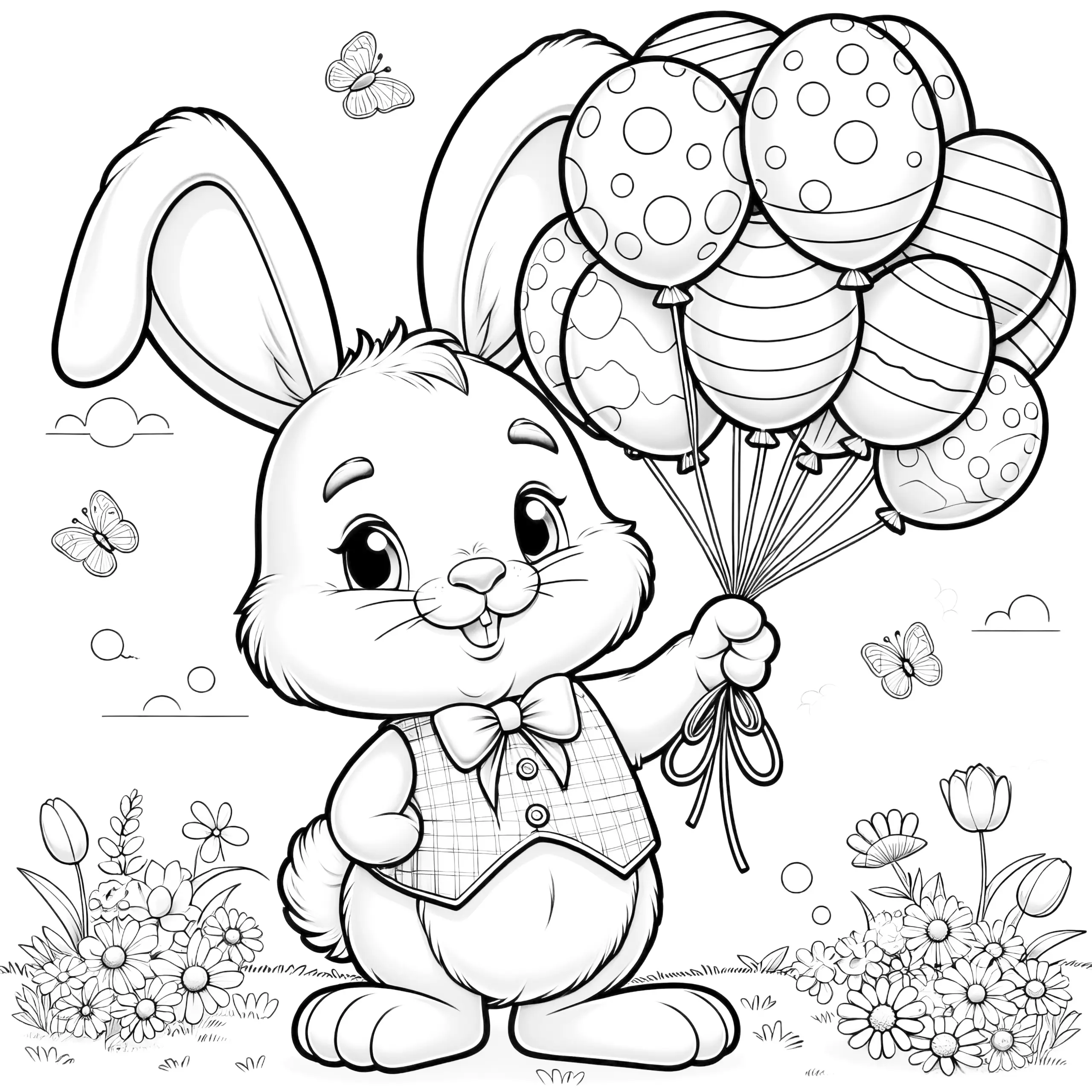 Osterhase mit Weste und Luftballons: Kostenloses Ausmalbild für Kinder