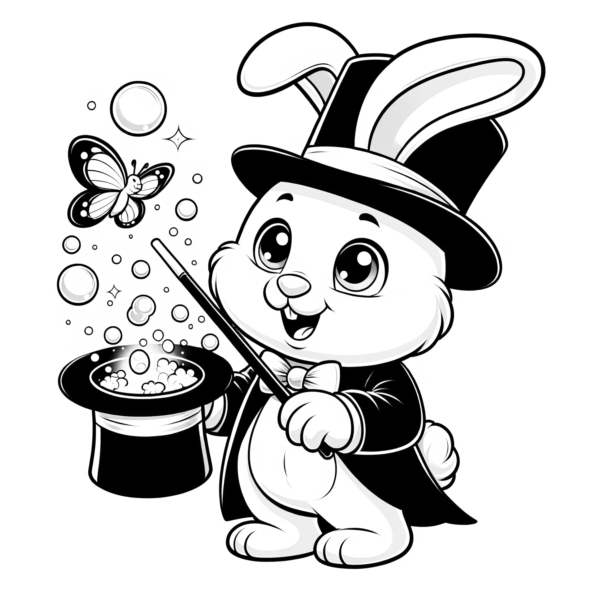 Osterhase zaubert Schmetterling aus Hut: Ausmalbild zum Download (Gratis)